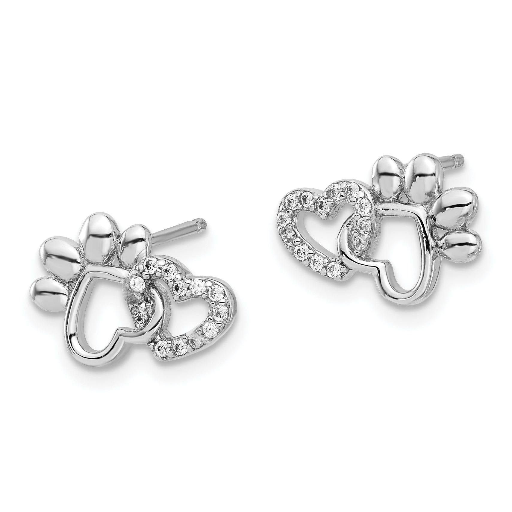Sterling Silver Rhodium-plated with CZ Hearts and Paw Print Post Earrings Secondary image