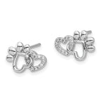 Sterling Silver Rhodium-plated with CZ Hearts and Paw Print Post Earrings