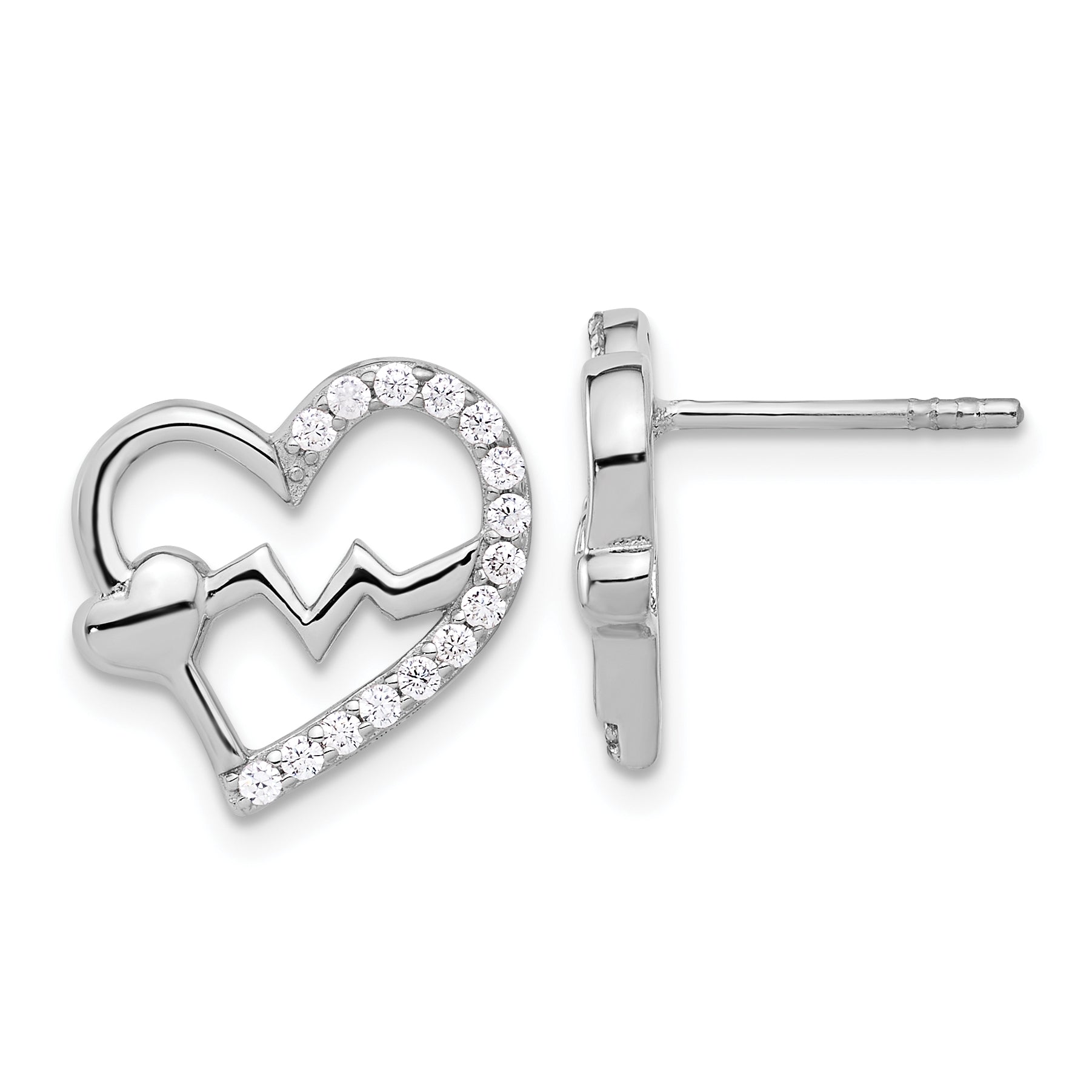Sterling Silver Rhodium-plated Polished CZ Heartbeat Heart Post Earrings Main image