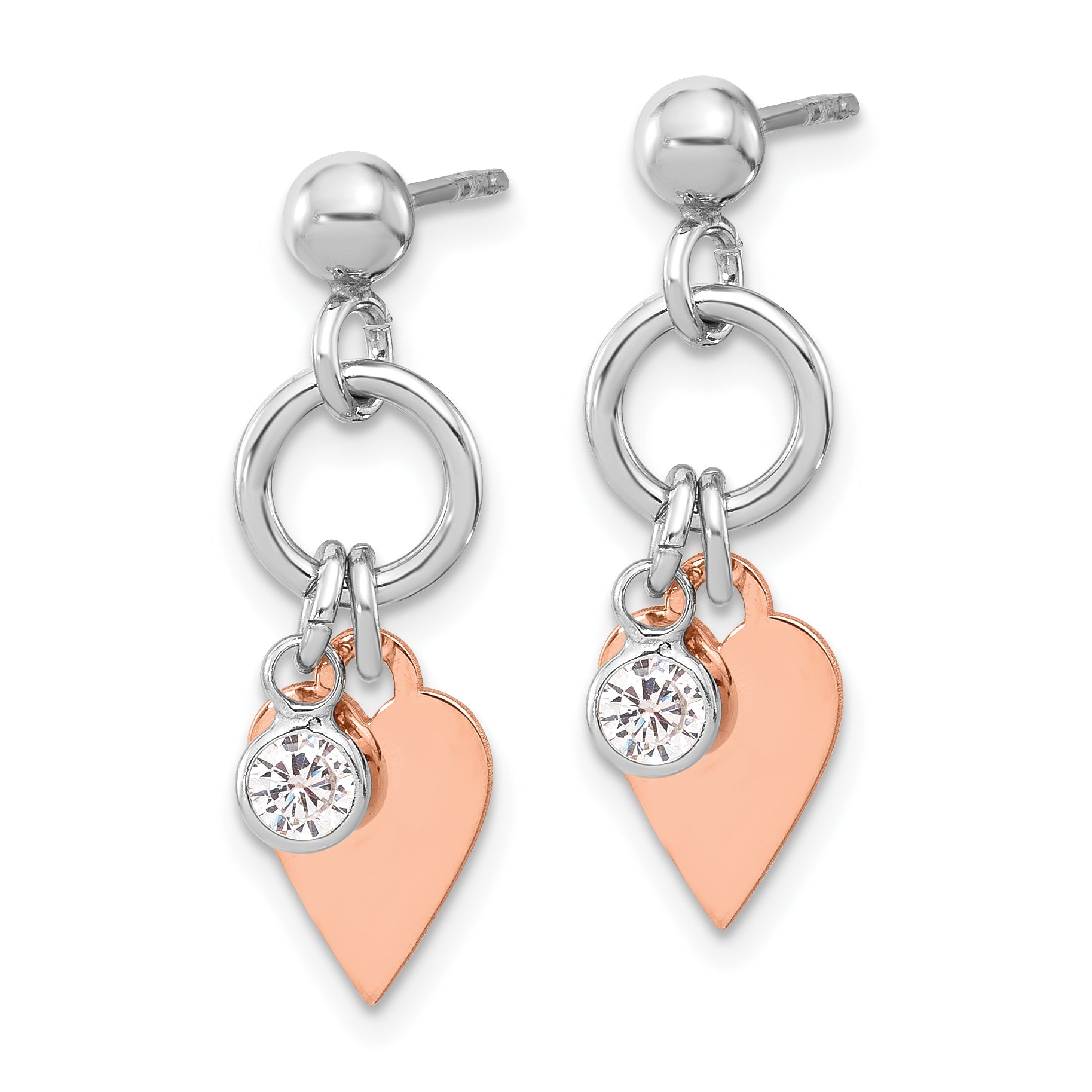 Sterling Silver Rose Gold-plated Polished /heart and CZ Post Earrings Secondary image