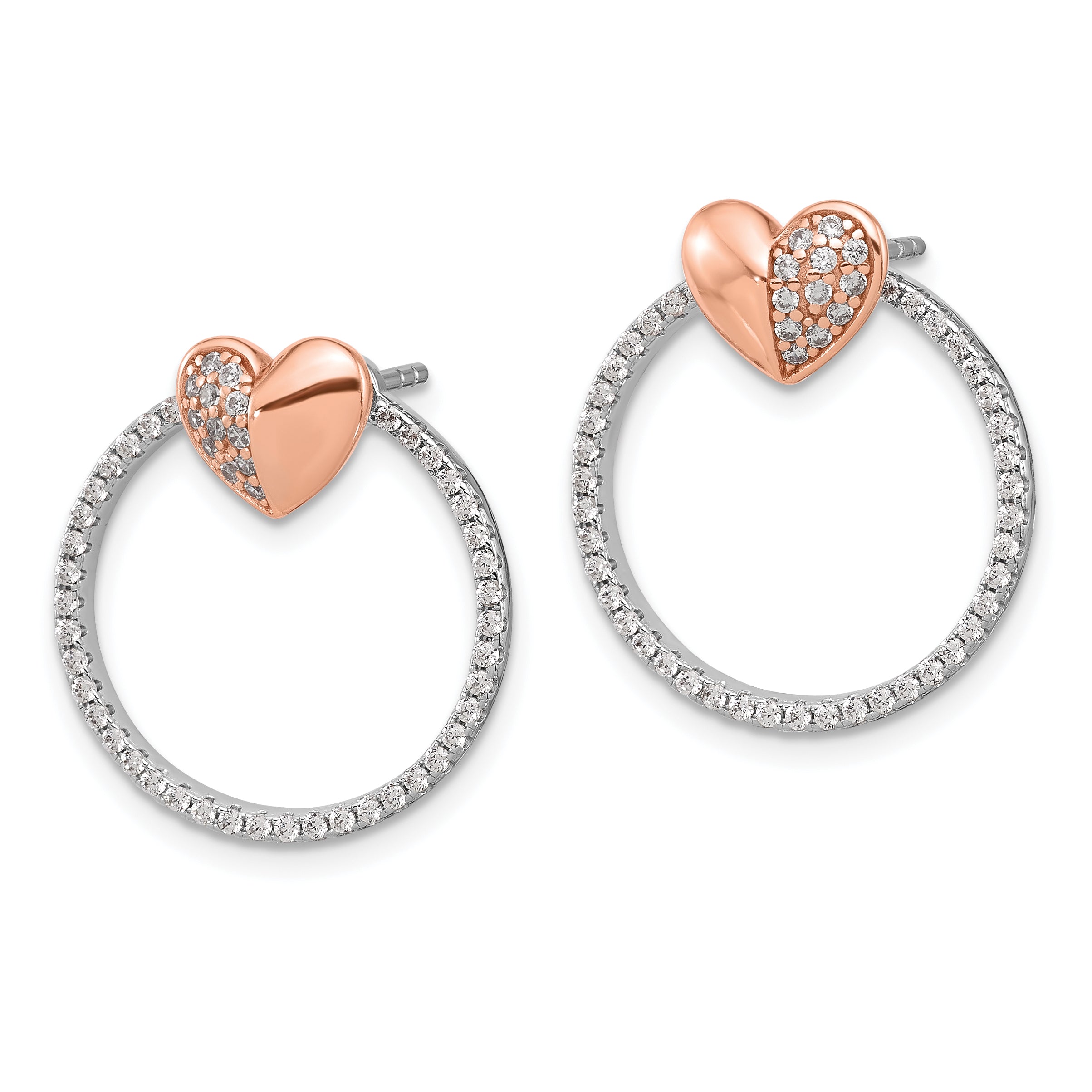 Sterling Silver Rhodium-Plated Rose-tone CZ Heart and Open Circle Post Earrings Secondary image