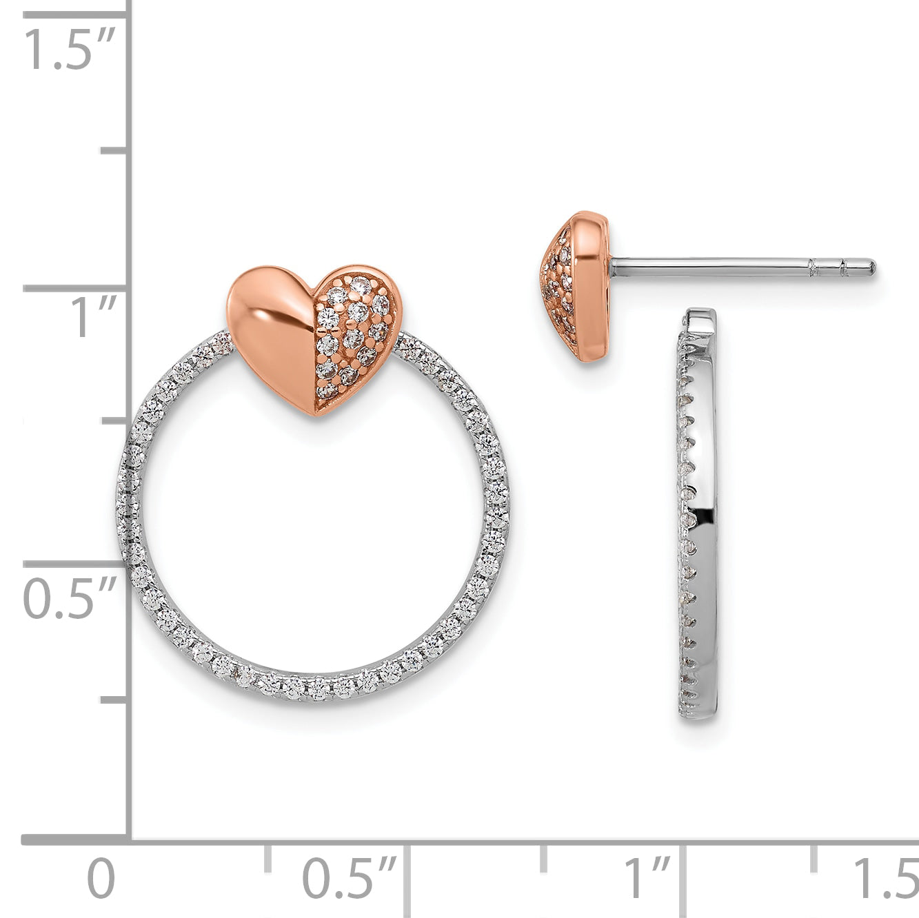 Sterling Silver Rhodium-Plated Rose-tone CZ Heart and Open Circle Post Earrings