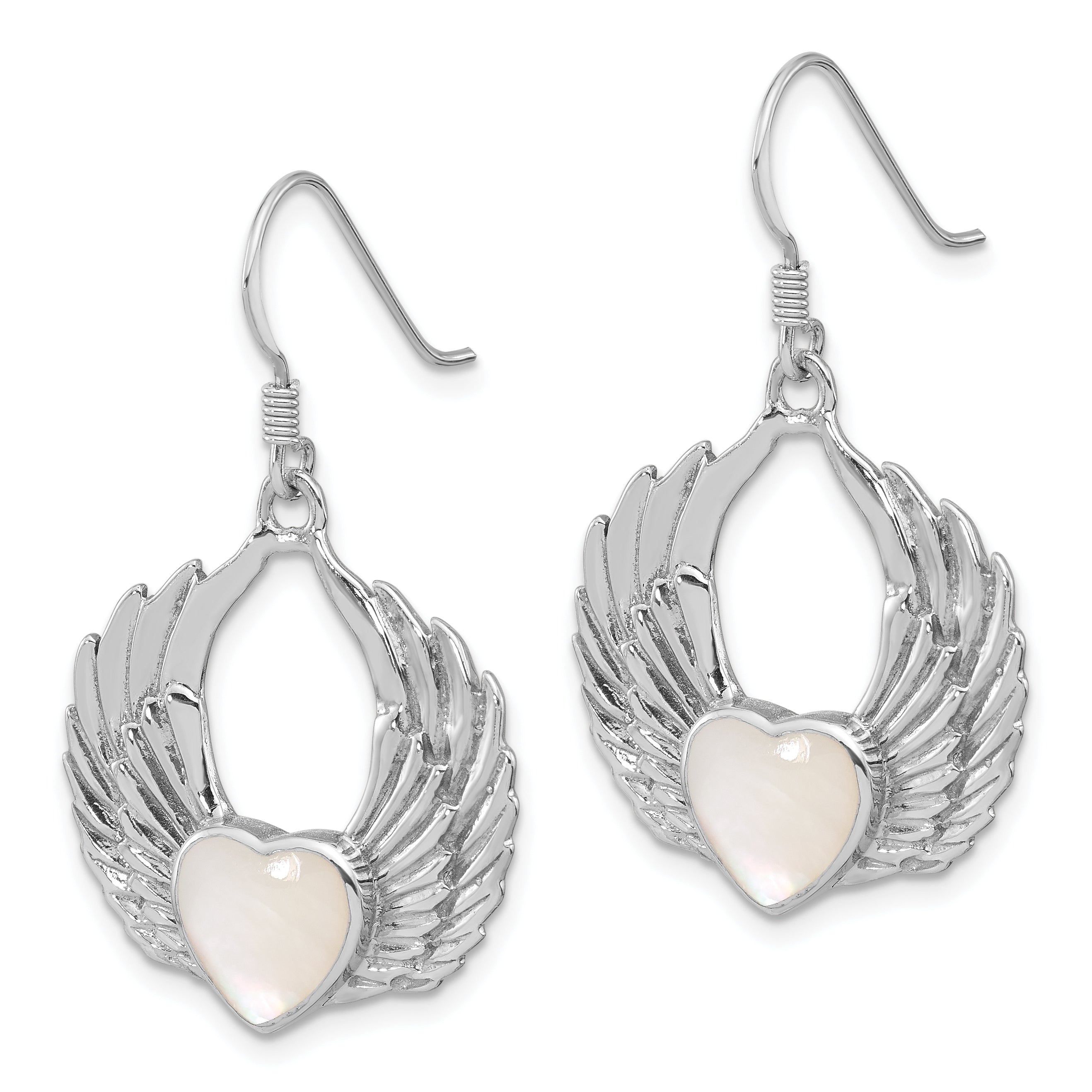 Sterling Silver Rhod-Plated Polished Mother of Pearl Winged Heart Earrings Secondary image
