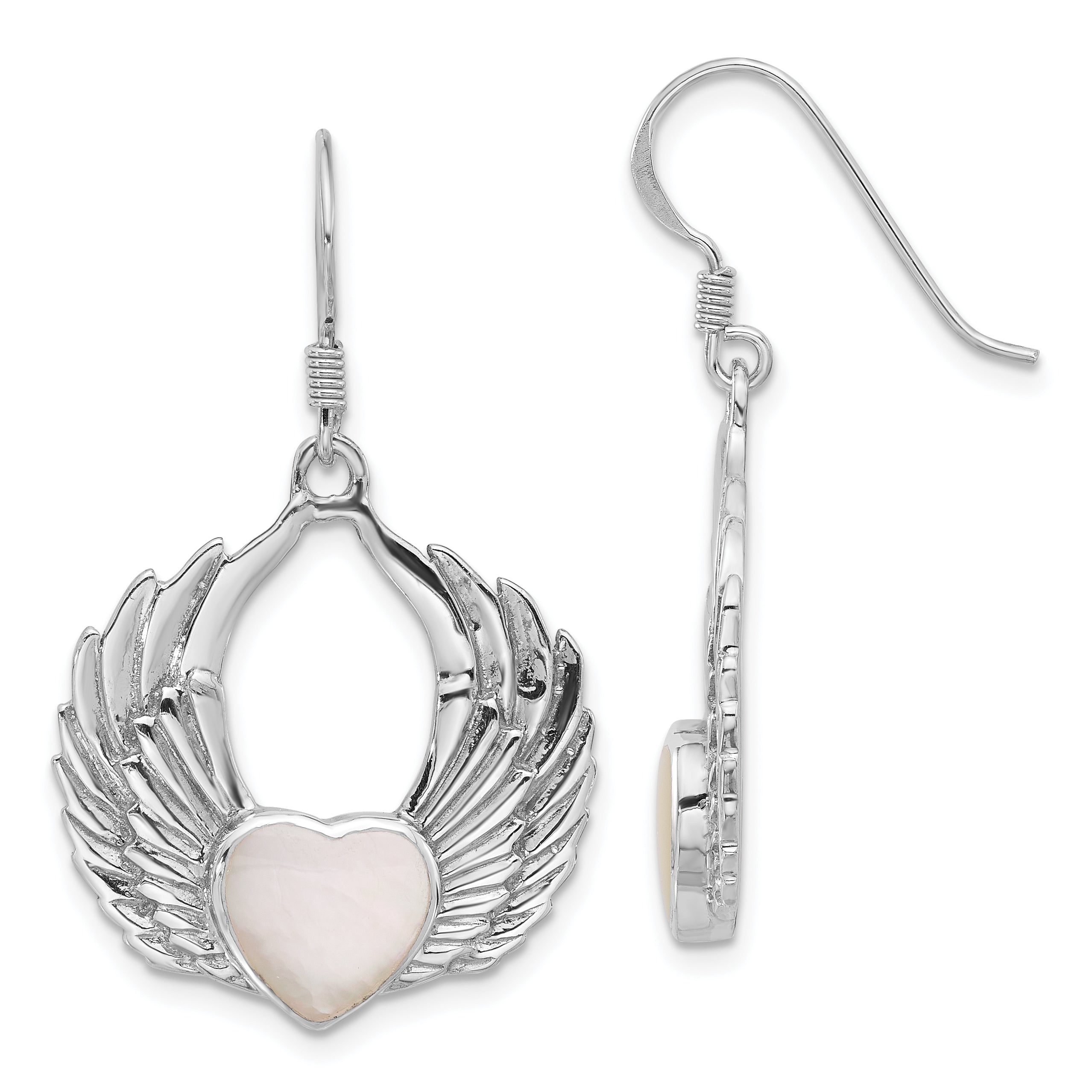 Sterling Silver Rhod-Plated Polished Mother of Pearl Winged Heart Earrings Main image