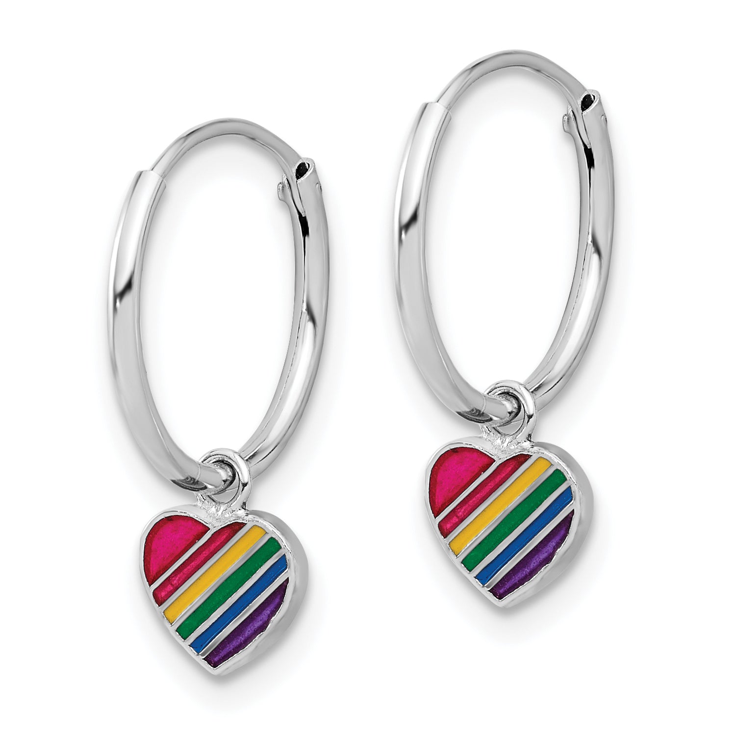 Sterling Silver Rh-plt Enamel Rainbow Heart Dangle Eternity Hoop Earrings Secondary image