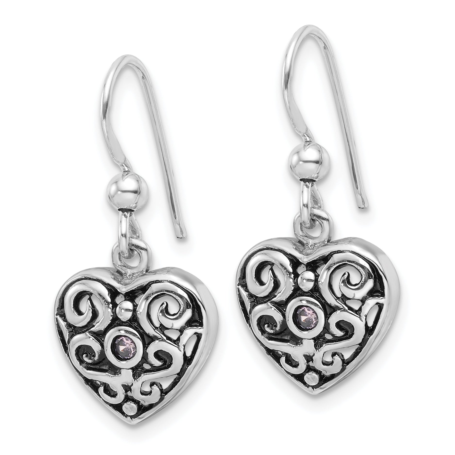 Sterling Silver Rhodium-Plated Antiqued Pink CZ Filigree Heart Dangle Earrings Secondary image