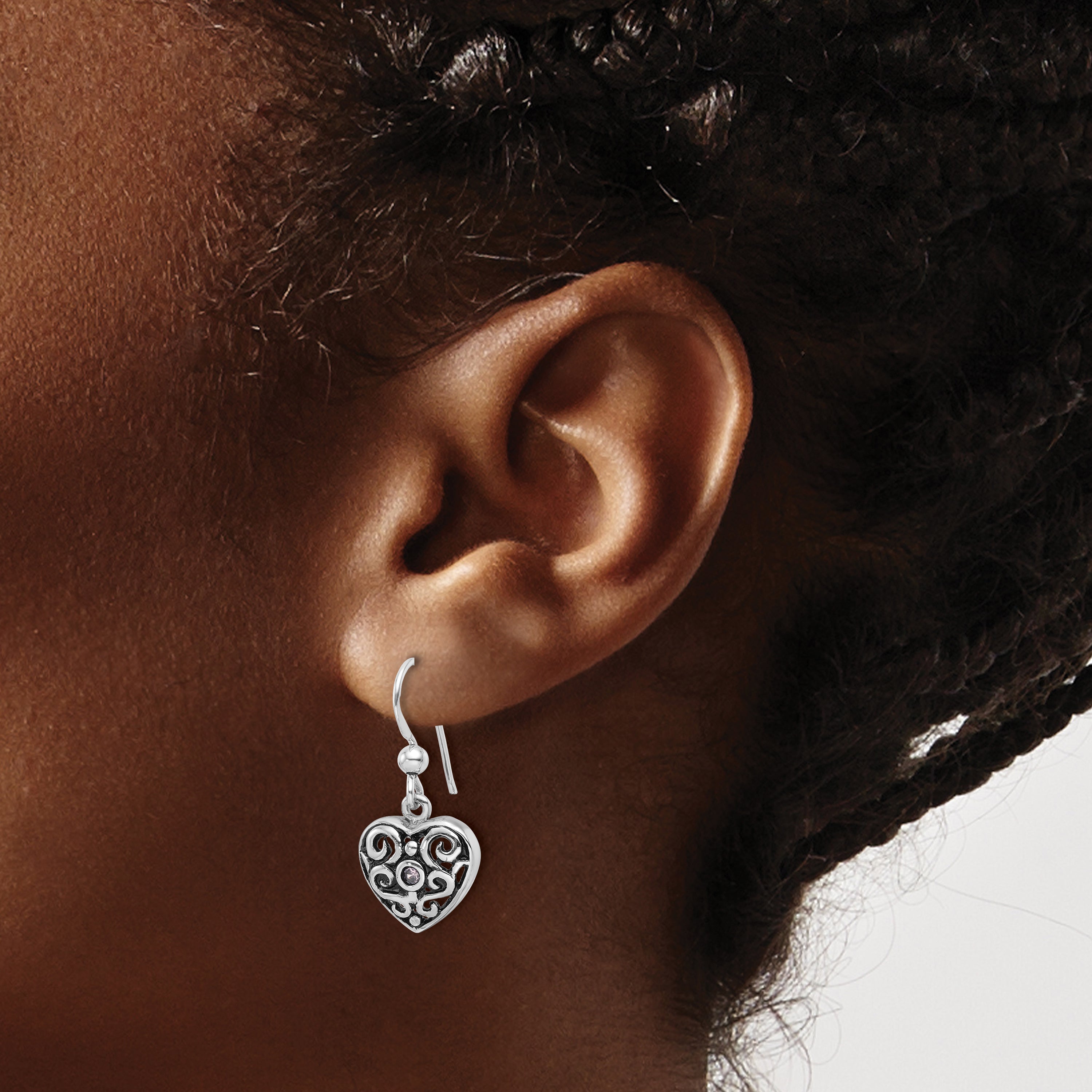 Sterling Silver Rhodium-Plated Antiqued Pink CZ Filigree Heart Dangle Earrings