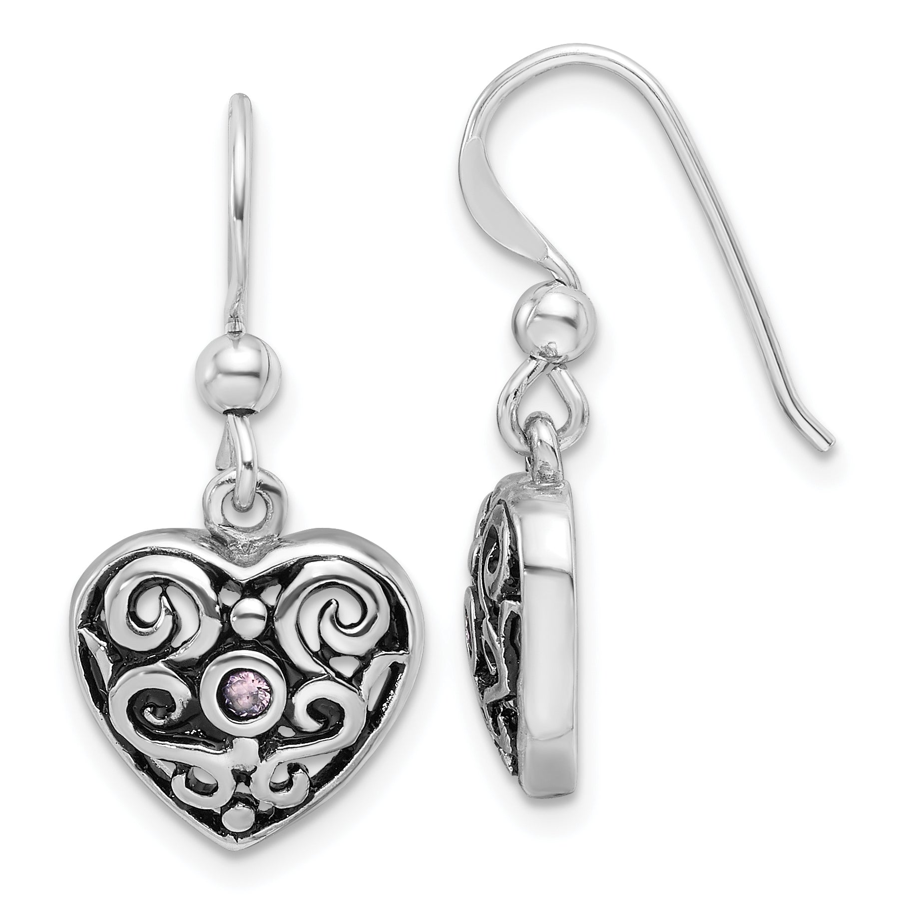 Sterling Silver Rhodium-Plated Antiqued Pink CZ Filigree Heart Dangle Earrings Main image