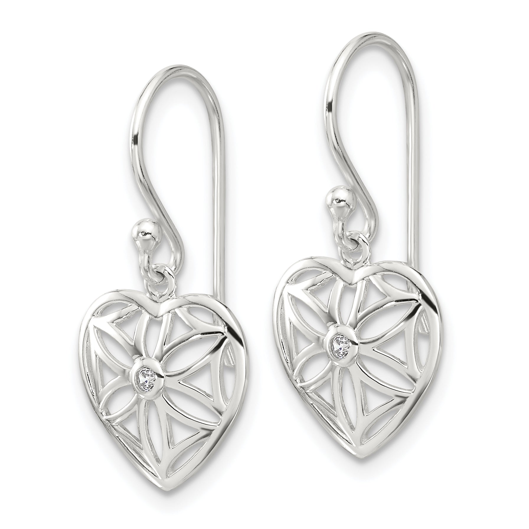 Sterling Silver E-coated with CZ Heart Shepherd Hook Dangle Earrings Secondary image