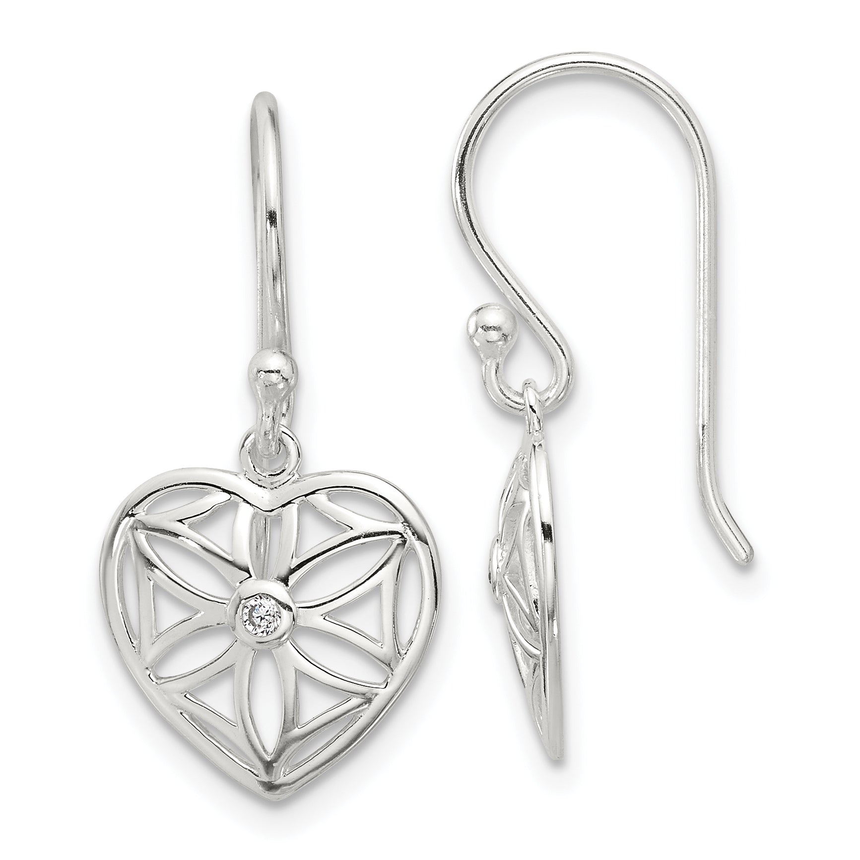 Sterling Silver E-coated with CZ Heart Shepherd Hook Dangle Earrings Main image