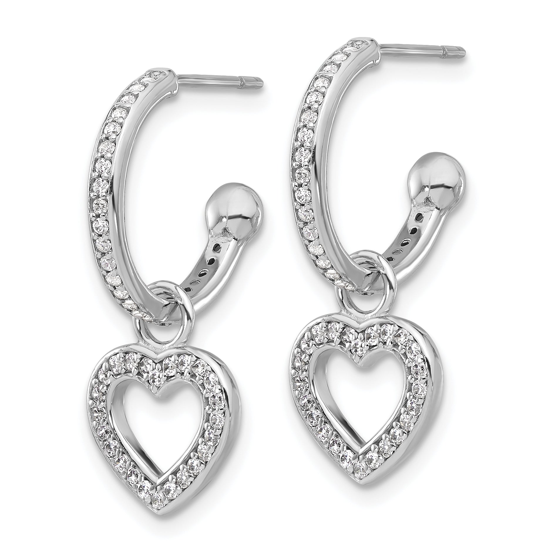 Sterling Silver Rhod-plated Polished CZ Dangle Heart Hoop Post Earrings Secondary image