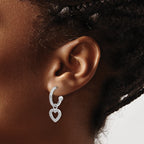 Sterling Silver Rhod-plated Polished CZ Dangle Heart Hoop Post Earrings