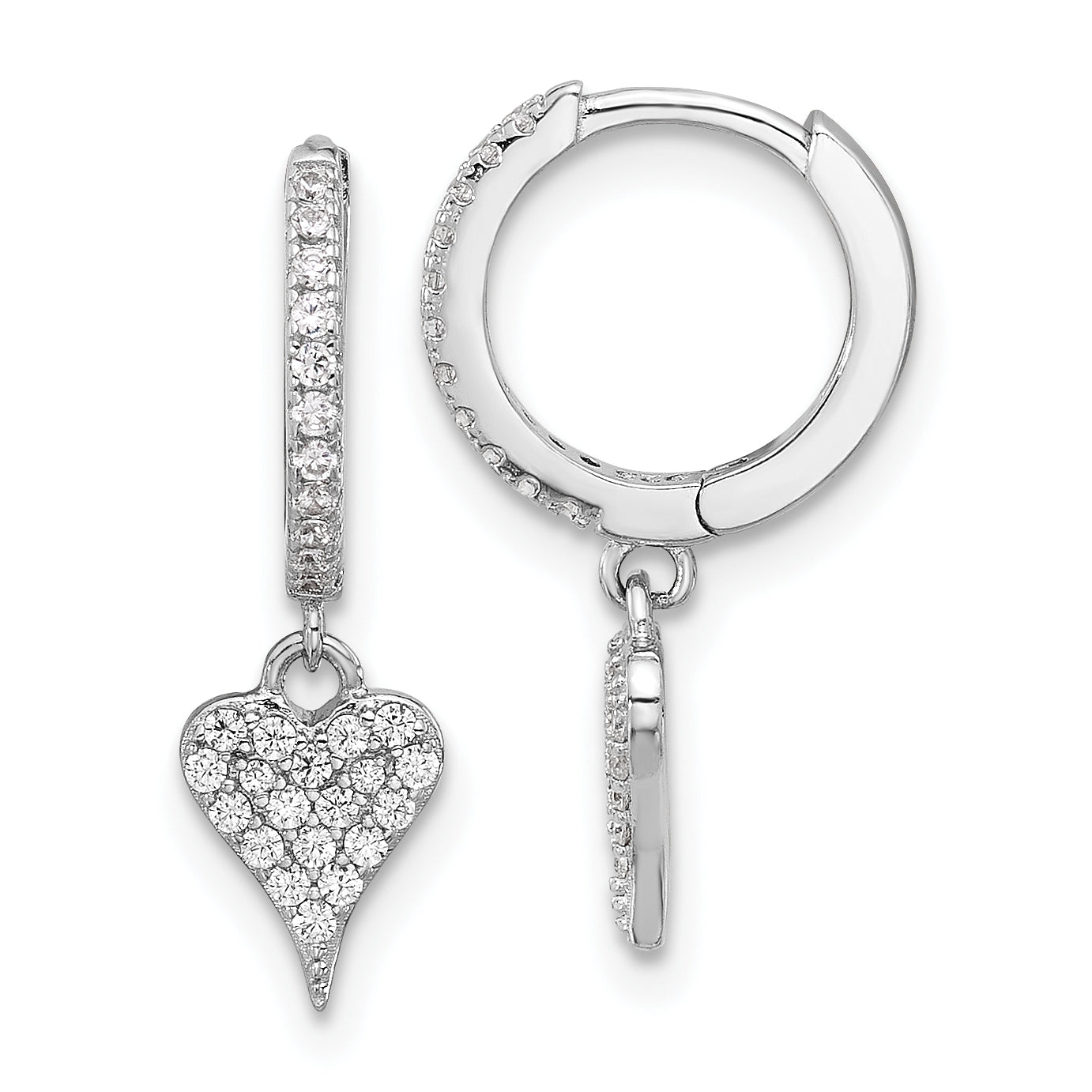 Sterling Silver Rhodium-plated CZ Heart Dangle Hinged Hoop Earrings Main image