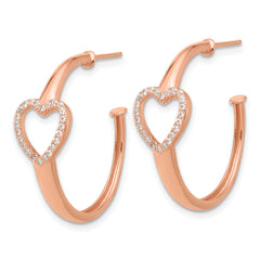 Sterling Silver Rose-tone CZ Heart Post Hoop Earrings