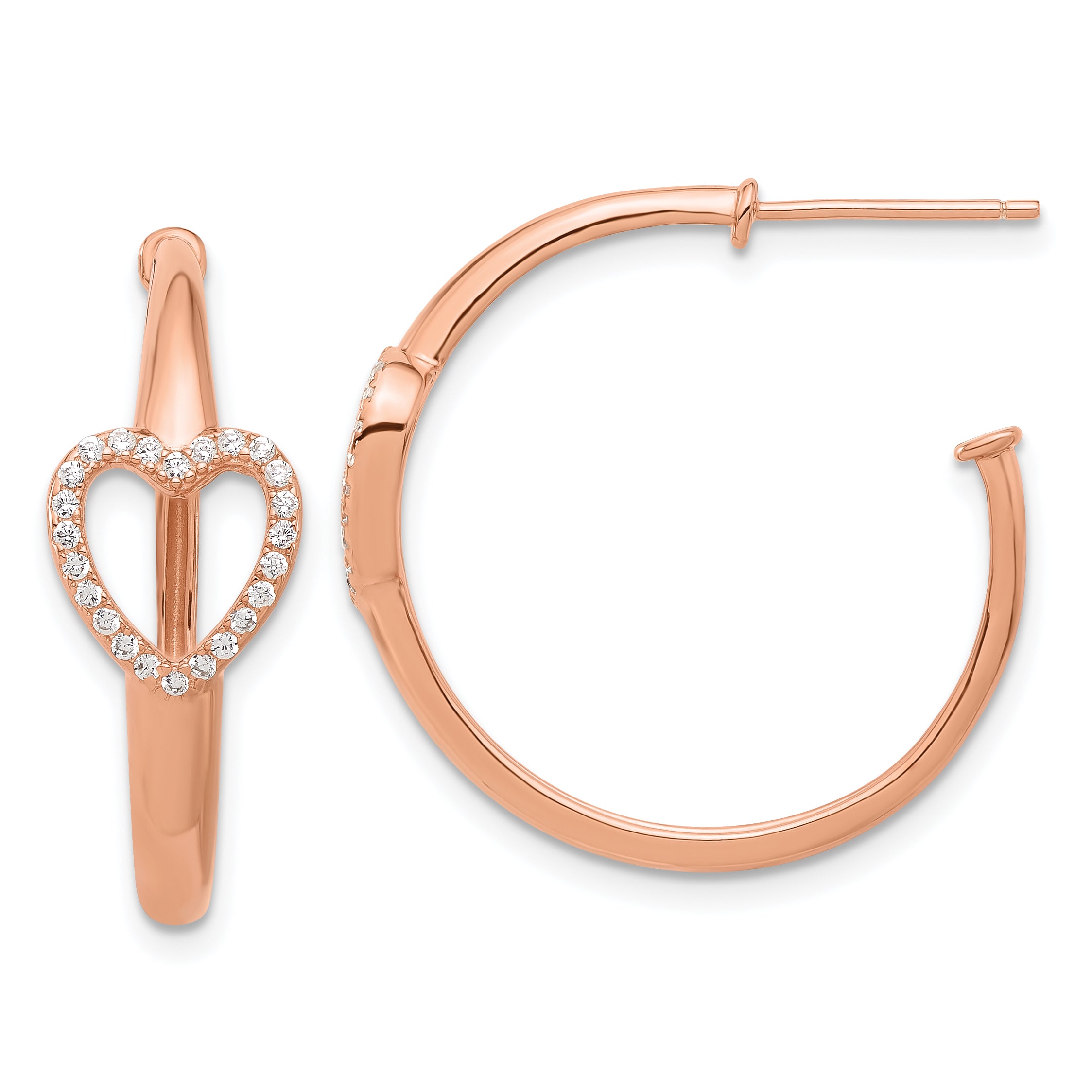 Sterling Silver Rose-tone CZ Heart Post Hoop Earrings