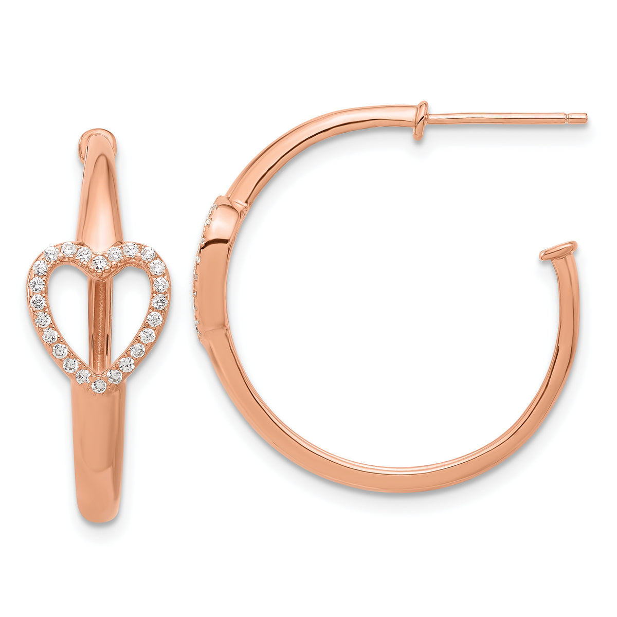 Sterling Silver Rose-tone CZ Heart Post Hoop Earrings