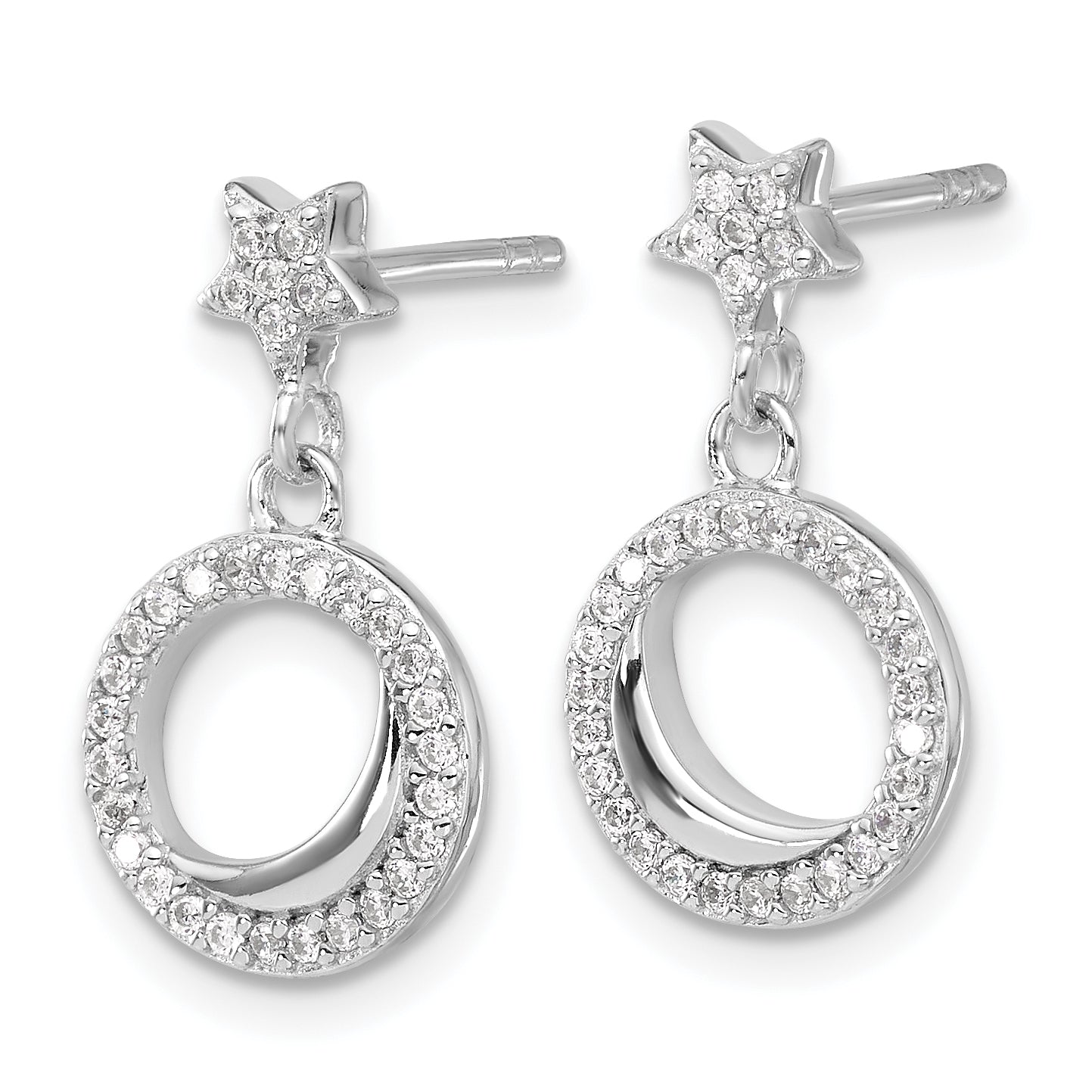 Sterling Silver Rhodium-plated Polished CZ Star Moon Dangle Post Earrings Secondary image