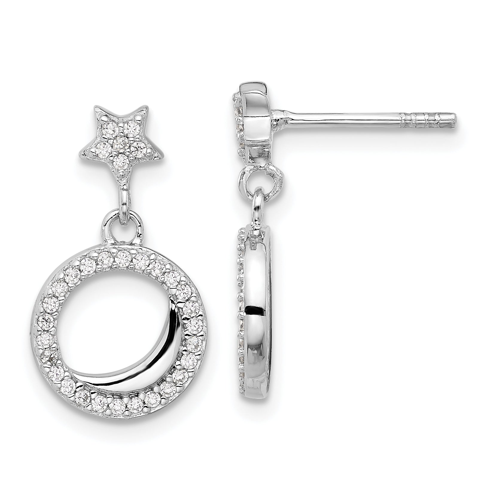 Sterling Silver Rhodium-plated Polished CZ Star Moon Dangle Post Earrings Main image