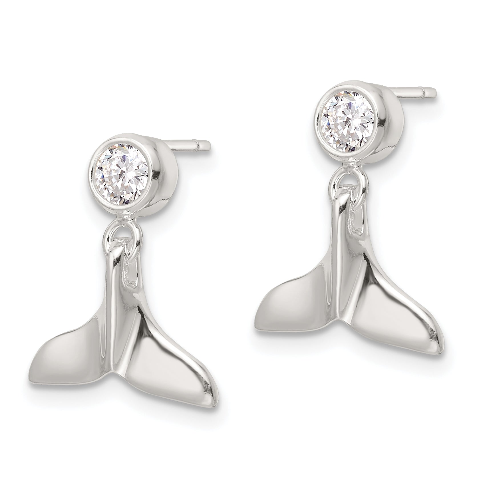 Sterling Silver Polished CZ Whale Tail Post Dangle Earrings Secondary image