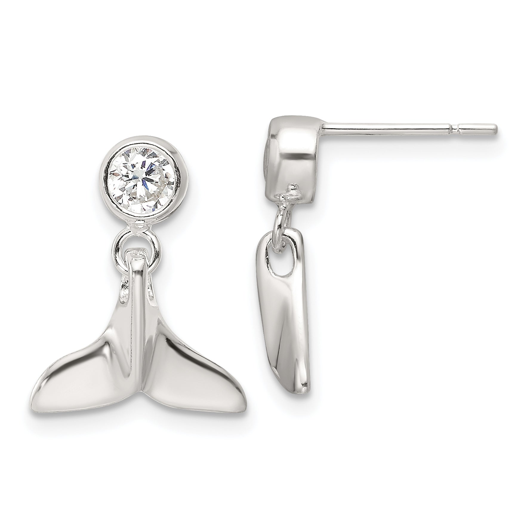 Sterling Silver Polished CZ Whale Tail Post Dangle Earrings Main image