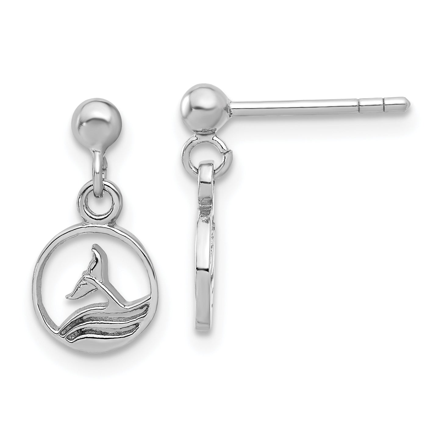 Sterling Silver Rhodium-plated Whale/Dolphin Tail Post Dangle Drop Earrings Main image