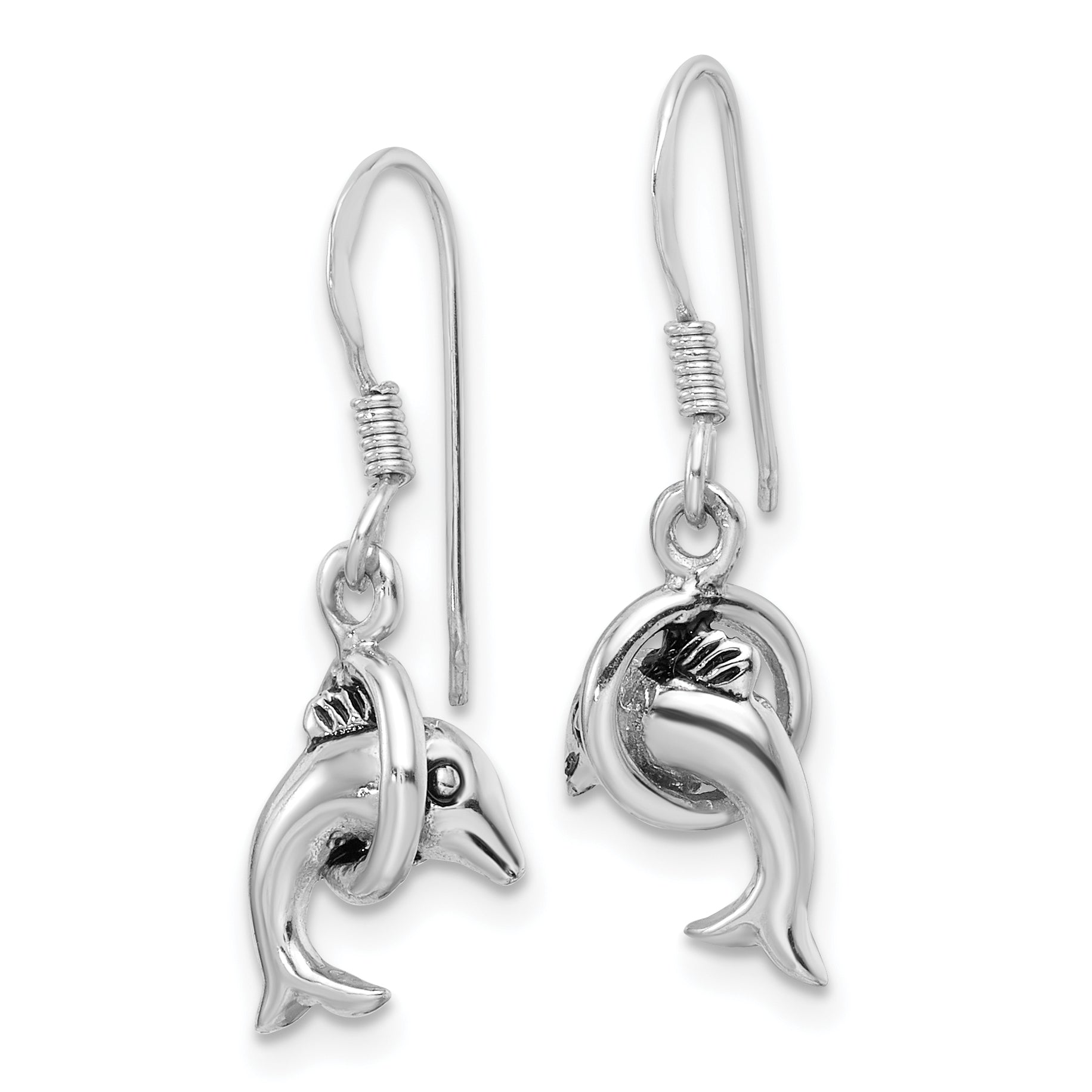 Sterling Silver Rhodium-plated Antiqued Dolphin Shepherd Hook Earrings Secondary image