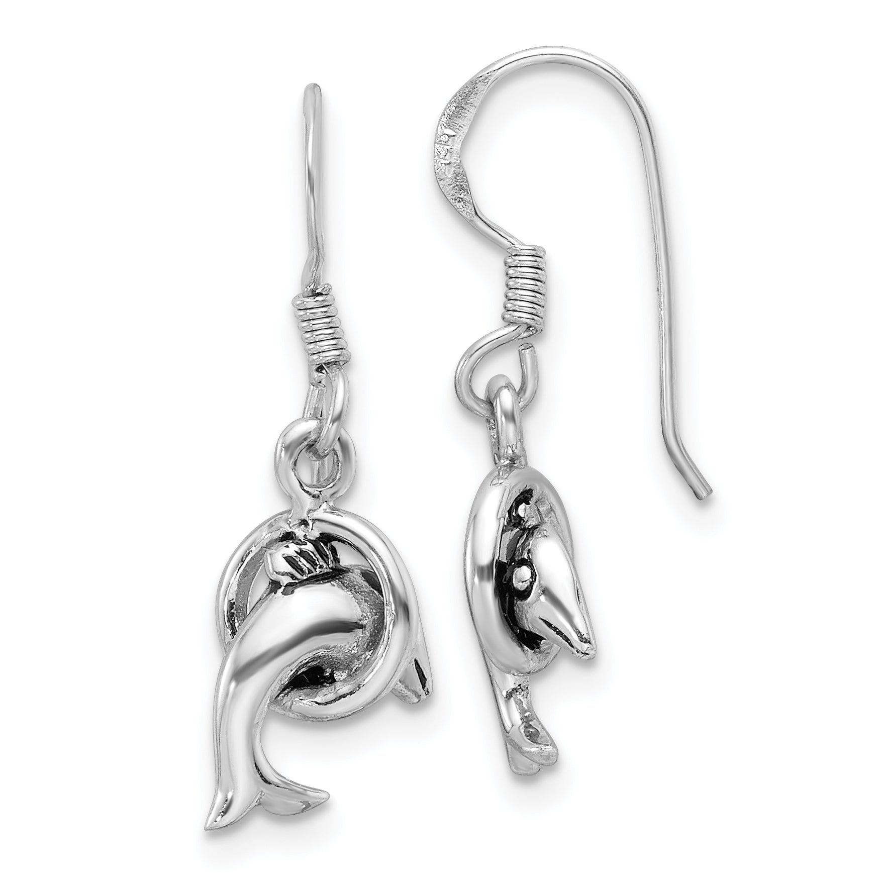 Sterling Silver Rhodium-plated Antiqued Dolphin Shepherd Hook Earrings Main image