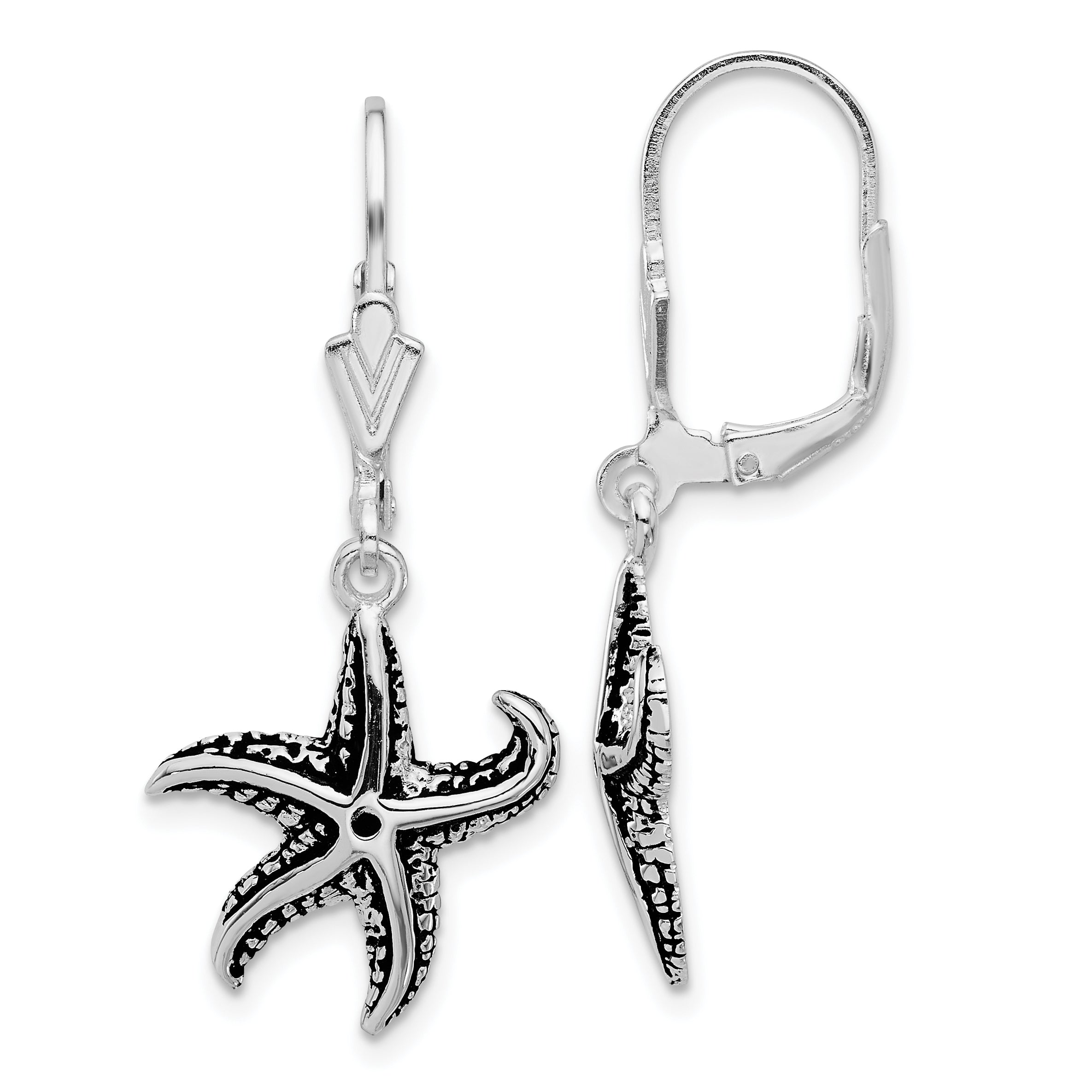 Sterling Silver Rhodium-plated Oxidized Starfish Dangle Leverback Earrings Main image