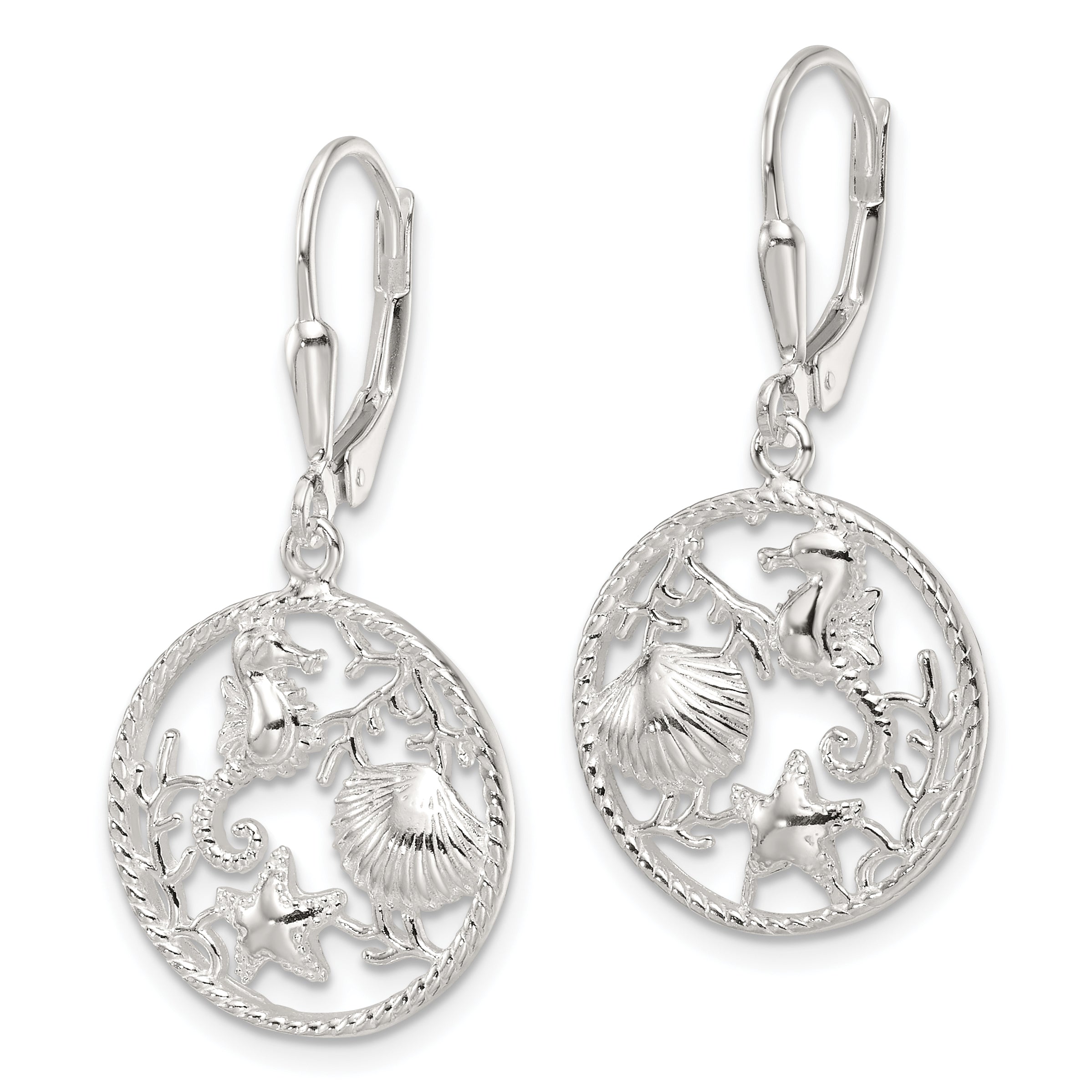 Sterling Silver Polished Sea Life Circle Dangle Leverback Earrings Secondary image