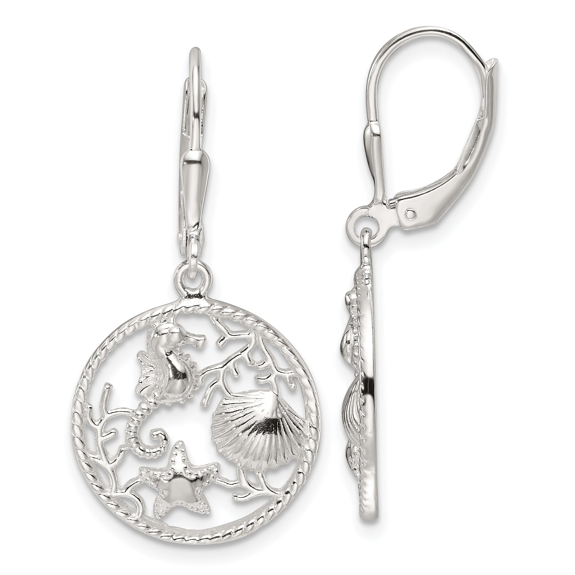 Sterling Silver Polished Sea Life Circle Dangle Leverback Earrings Main image