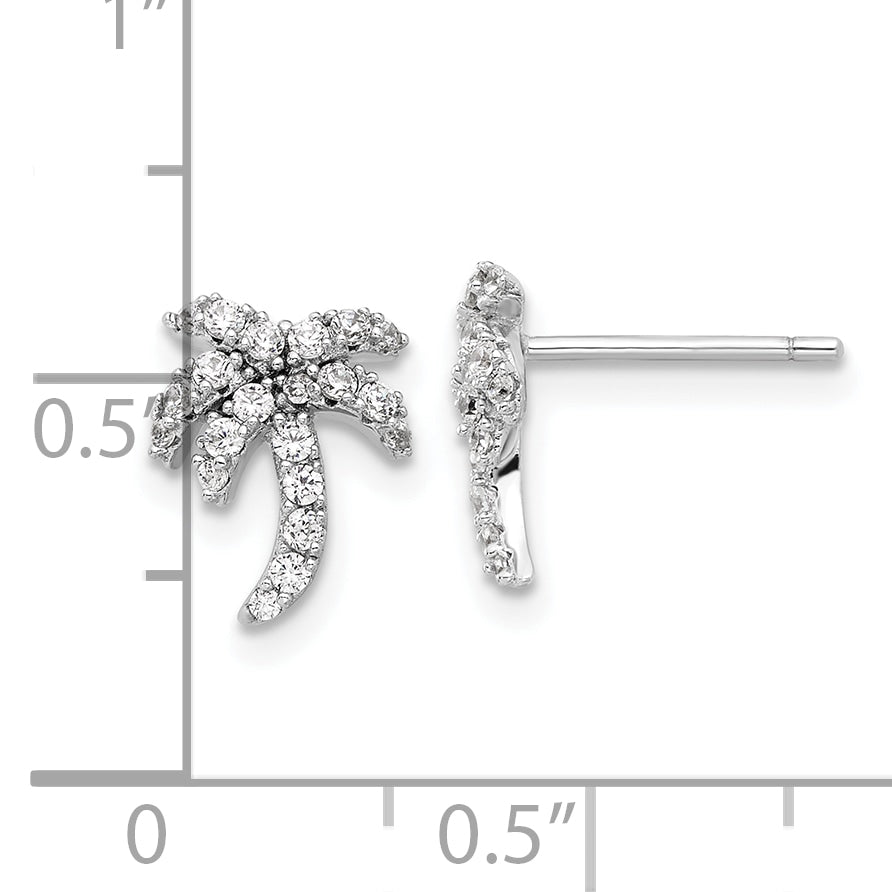 Sterling Silver Rhodium-plated CZ Palm Tree Post Earrings
