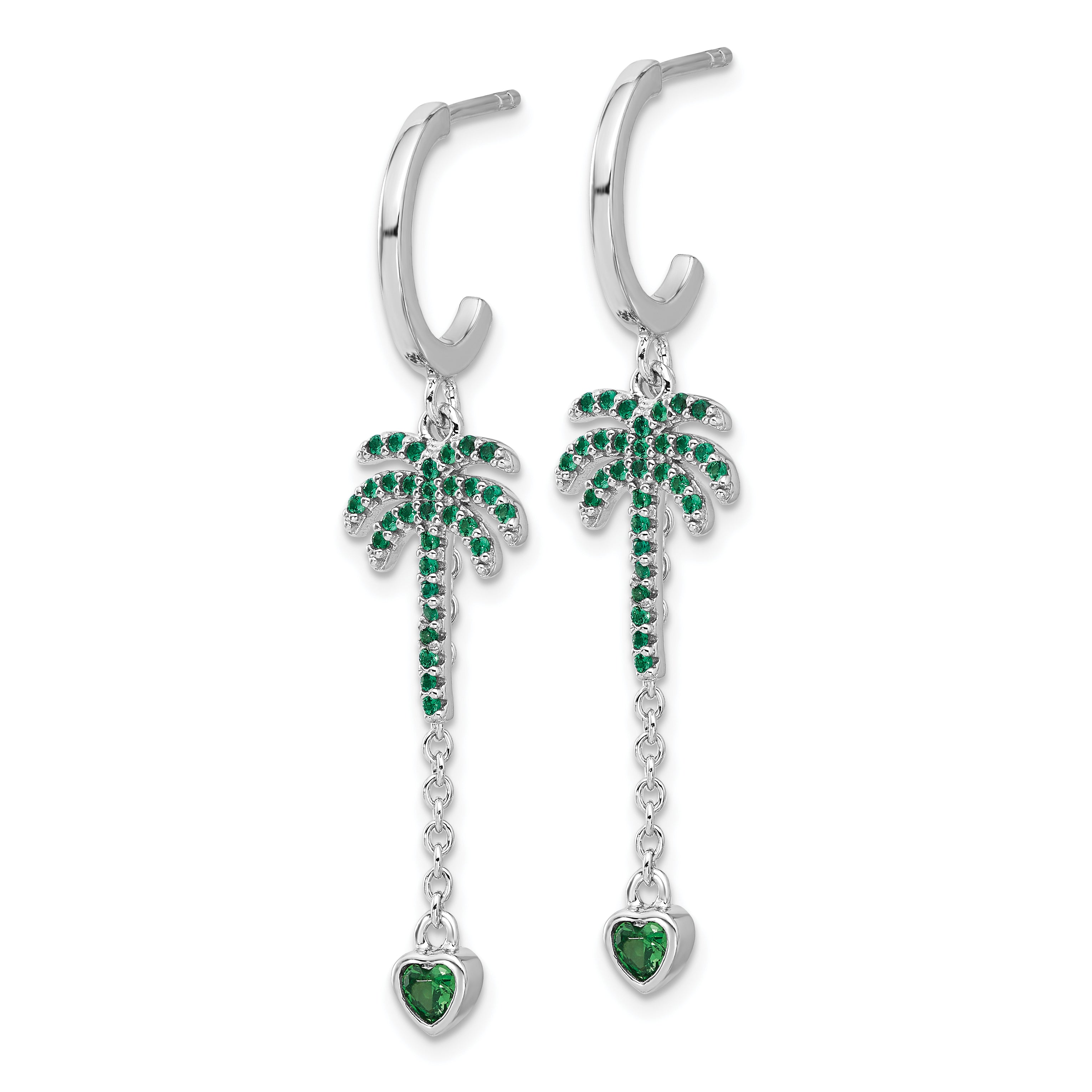 Pure Fire  Sterling Silver Rhod-plated Green CZ Palm Tree Heart Post Hoop E