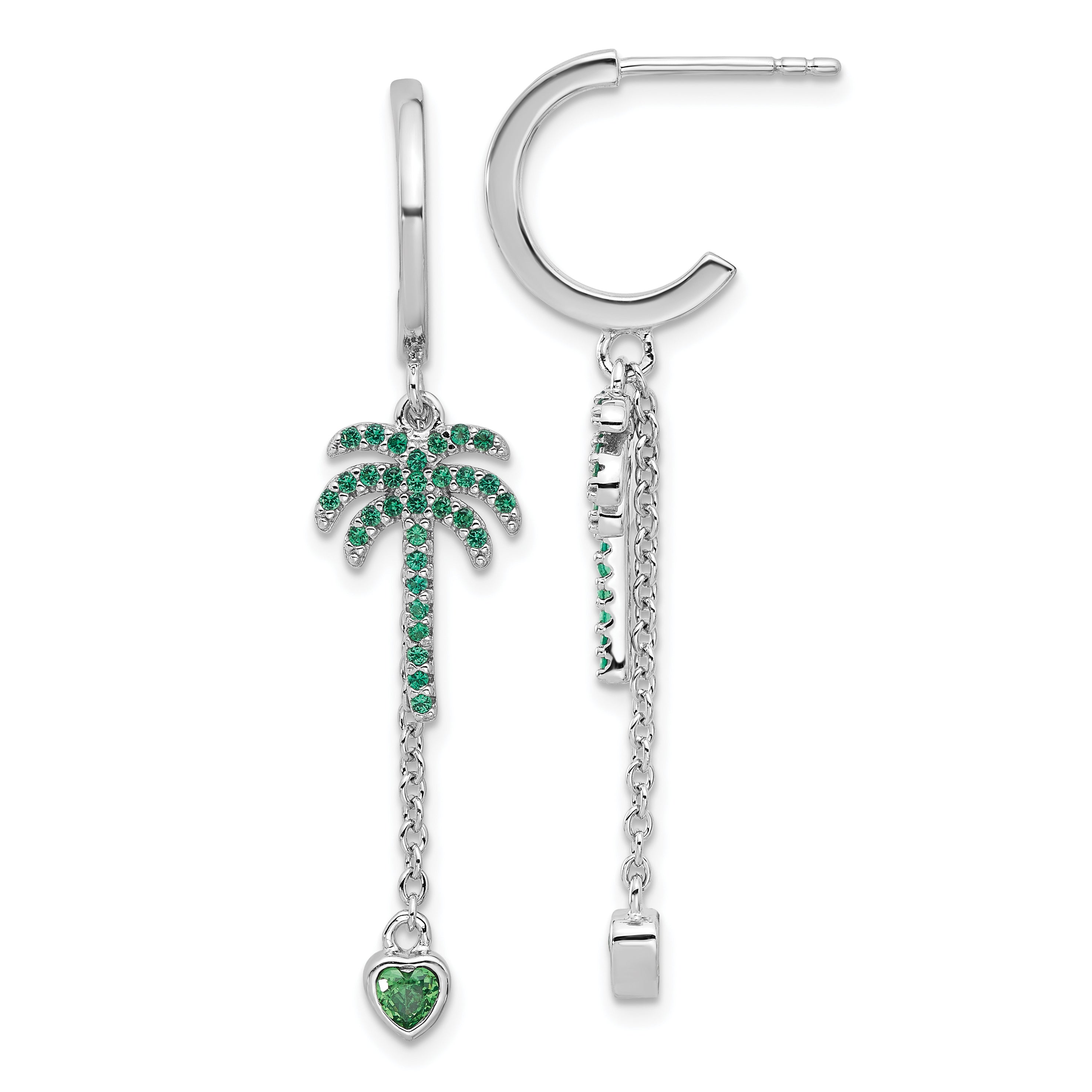 Pure Fire  Sterling Silver Rhod-plated Green CZ Palm Tree Heart Post Hoop E Main image