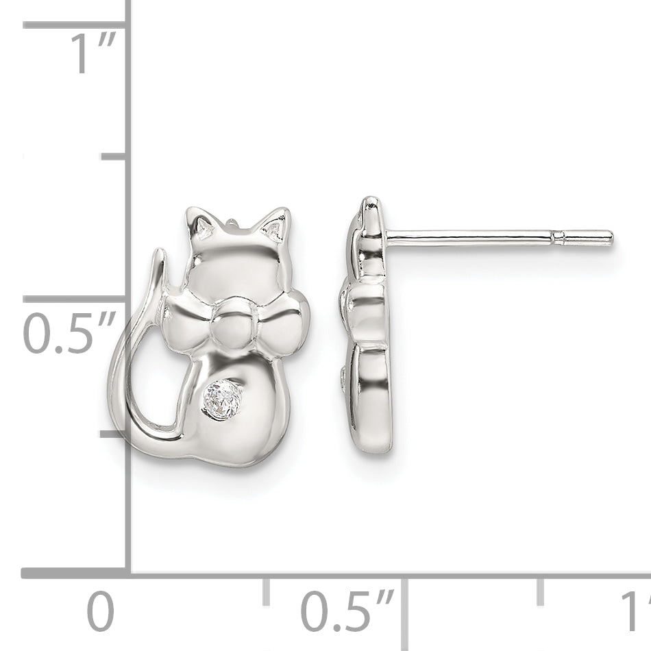 Sterling Silver Polished CZ Cat Earrings