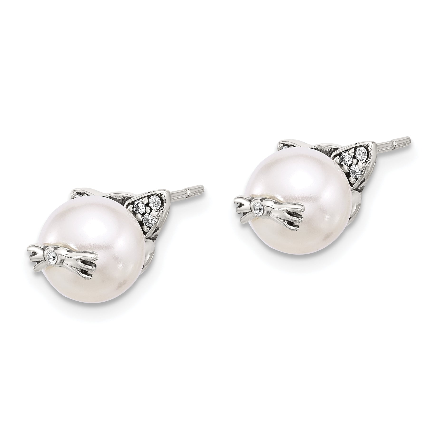 Sterling Silver Polished and Antiqued CZ and Syn. Pearl Cat Post Earrings Secondary image