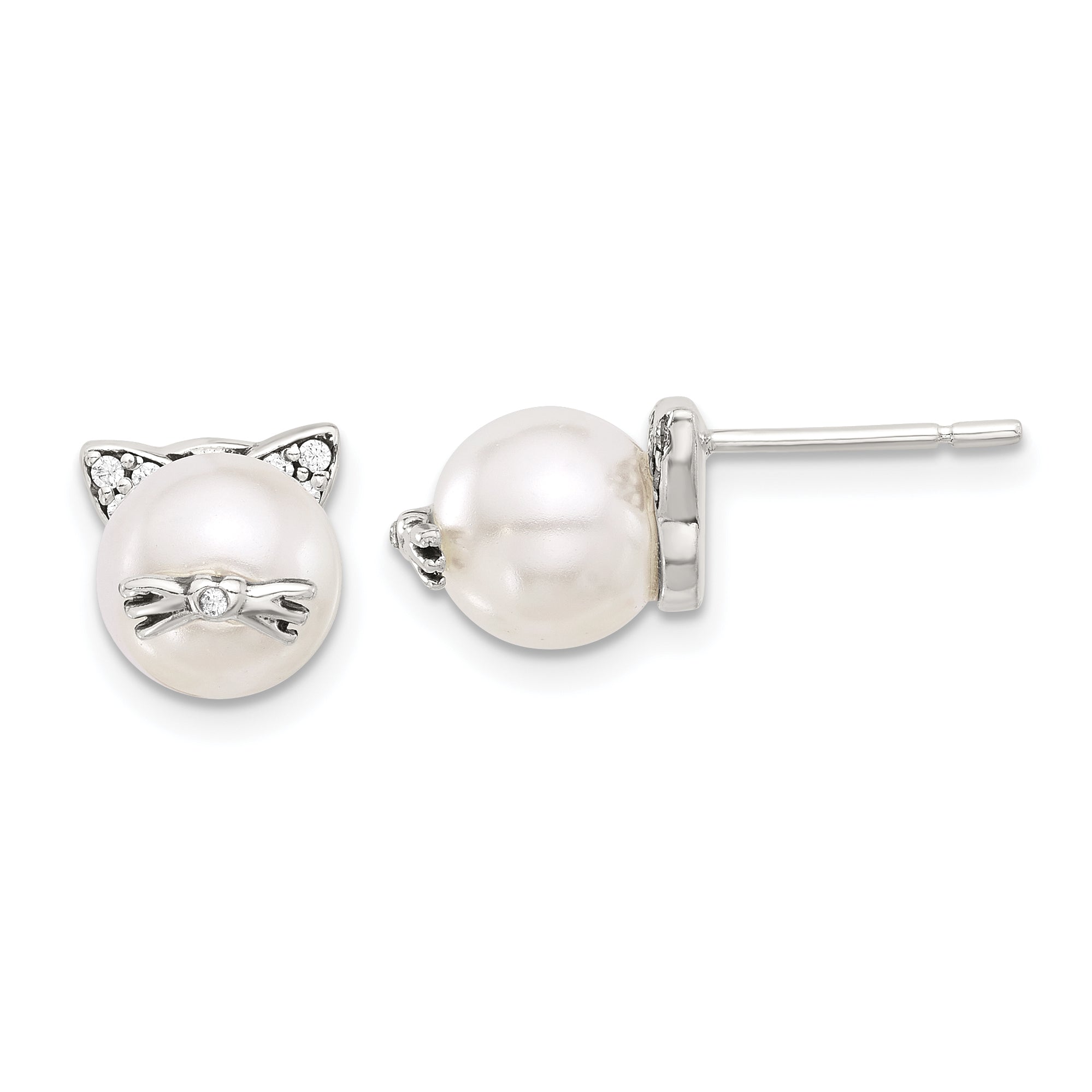 Sterling Silver Polished and Antiqued CZ and Syn. Pearl Cat Post Earrings Main image