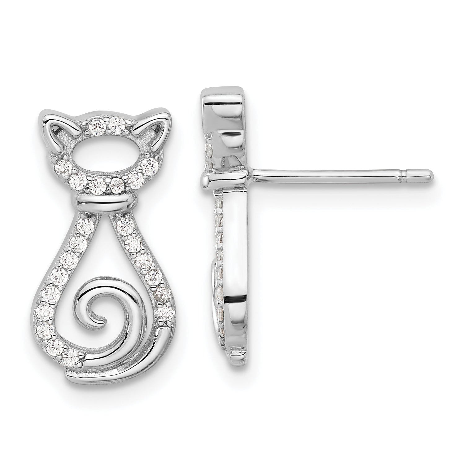 Sterling Silver Rhodium-plated CZ Cat Post Earrings