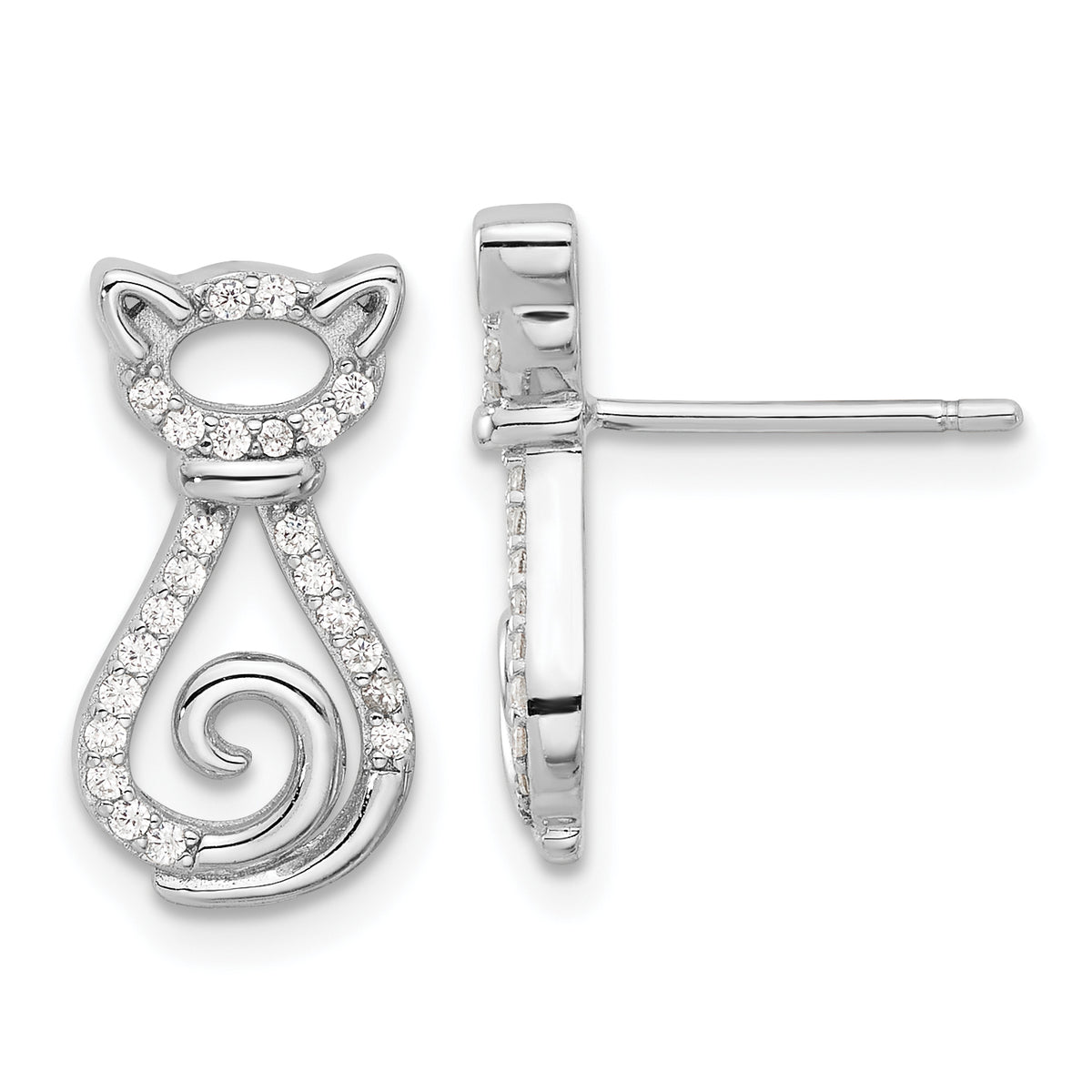 Sterling Silver Rhodium-plated CZ Cat Post Earrings