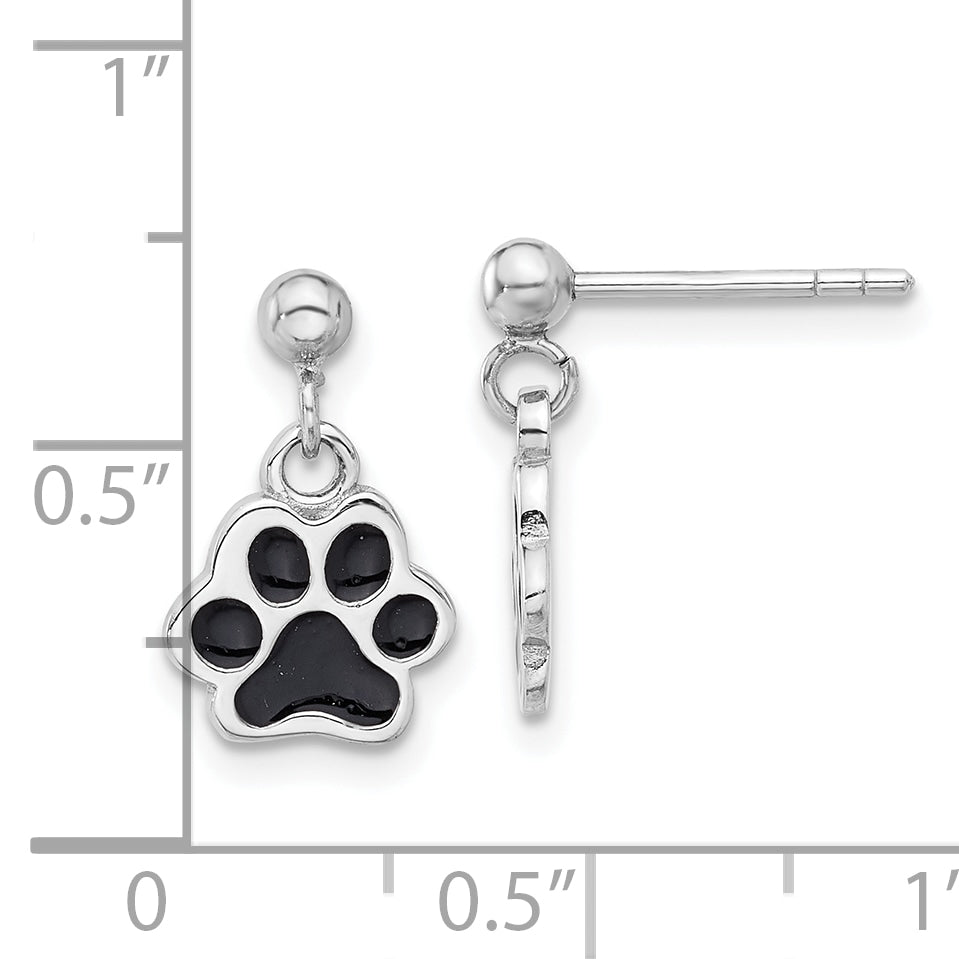 Sterling Silver Rhodium-plated Enameled Dog Paw Post Dangle Earrings