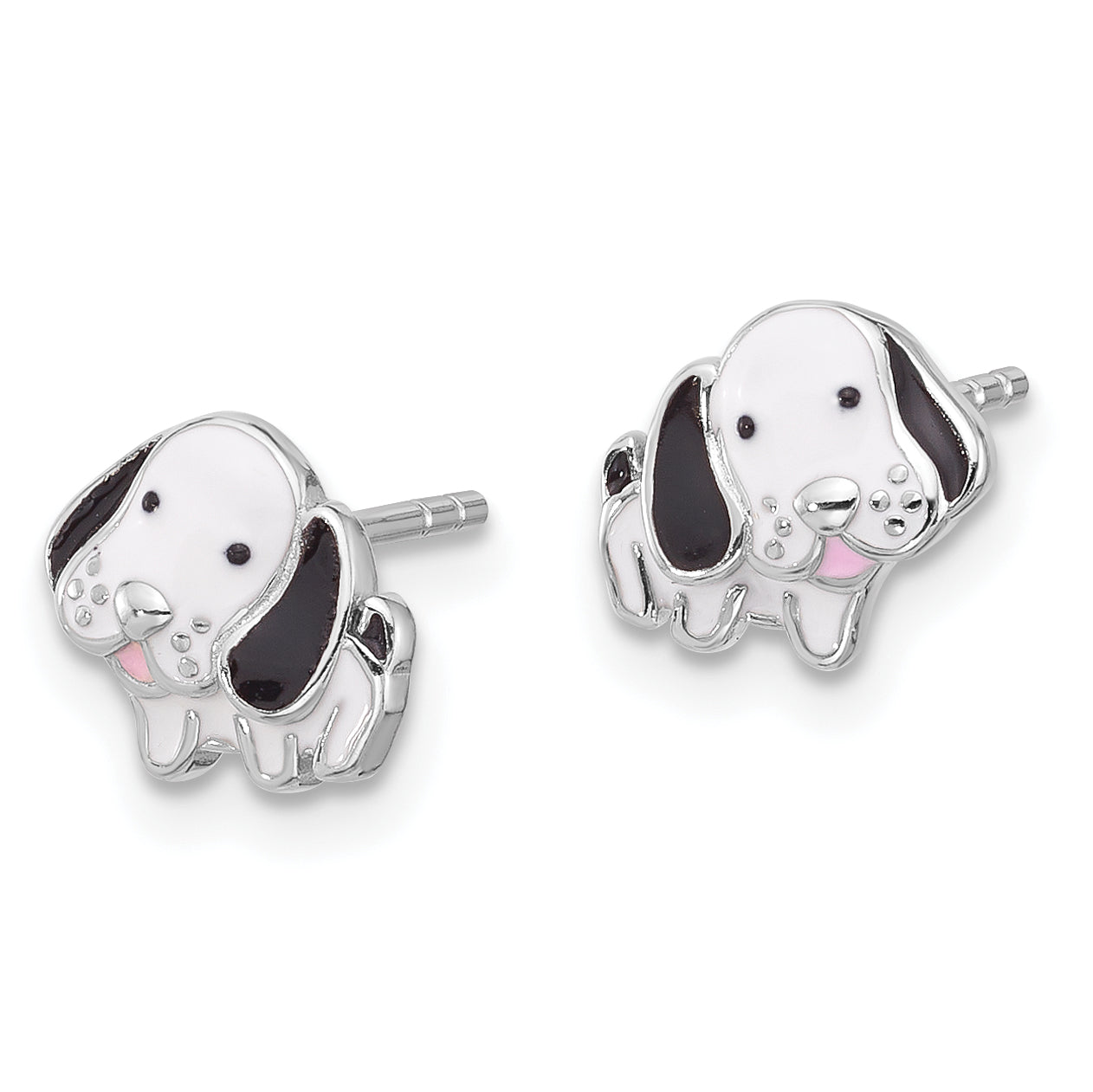 Sterling Silver Rhodium-Plated Black and White Enamel Dog Post Earrings Secondary image