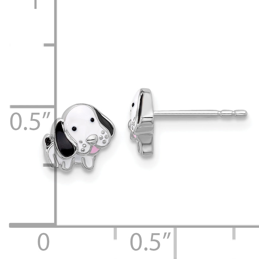 Sterling Silver Rhodium-Plated Black and White Enamel Dog Post Earrings