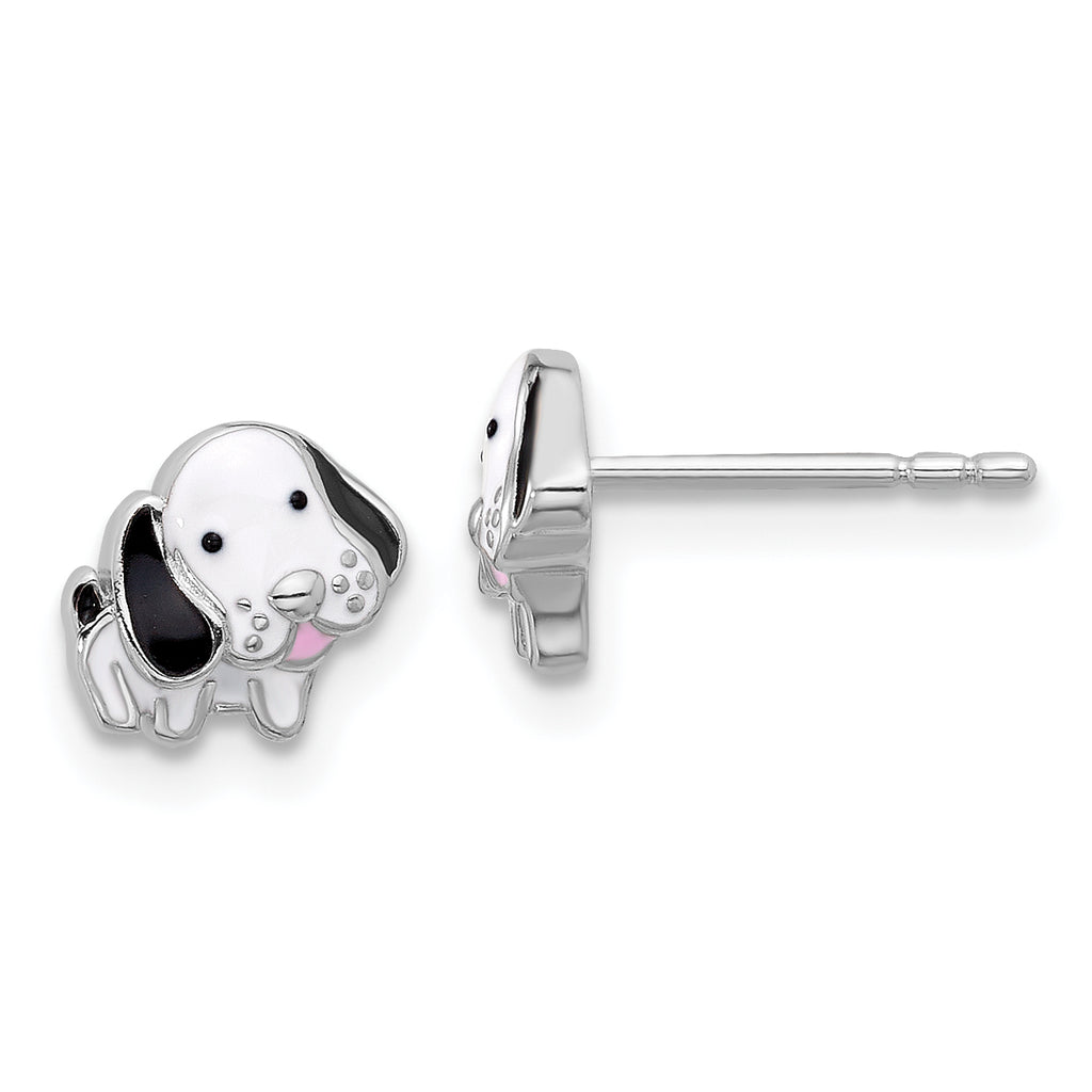 Sterling Silver Rhodium-Plated Black and White Enamel Dog Post Earrings