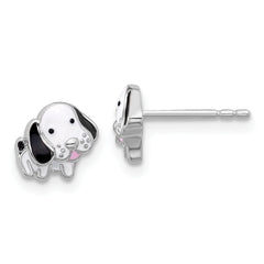 Sterling Silver Rhodium-Plated Black and White Enamel Dog Post Earrings