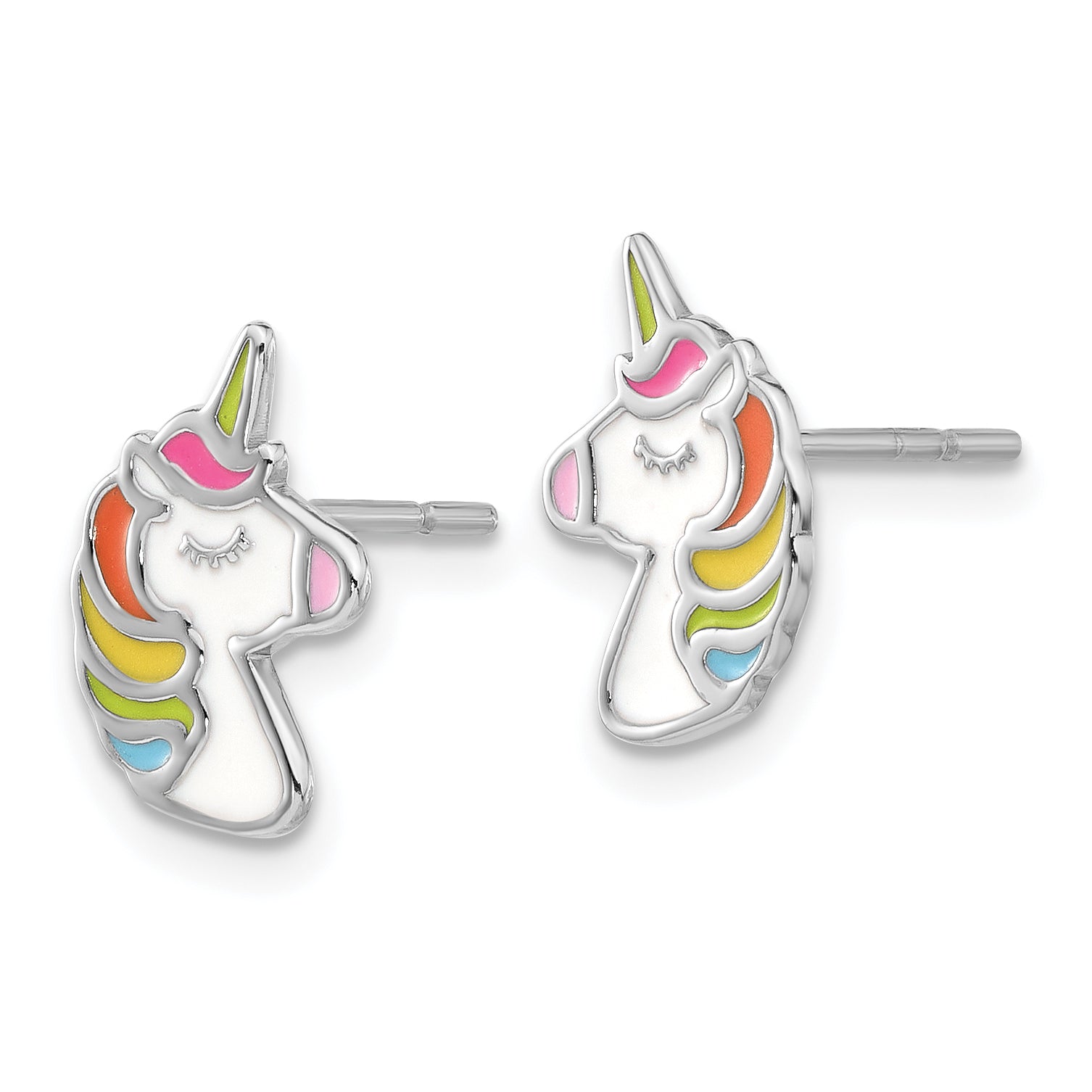 Sterling Silver Rhodium-plated Polished Enameled Unicorn Post Earrings Secondary image
