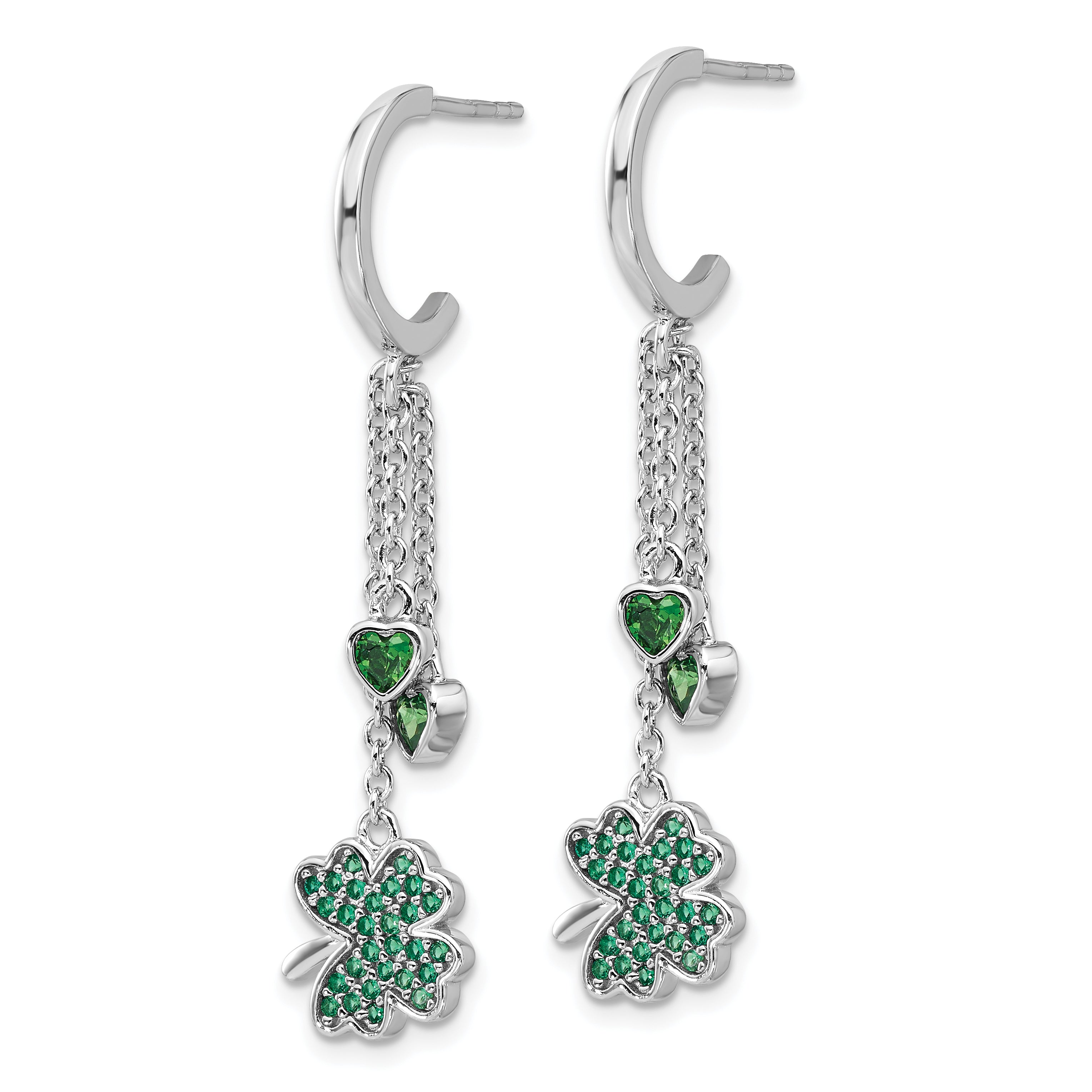 Pure Fire Sterling Silver Rhod-plated Green CZ Clover Heart Post Hoop Earri Secondary image