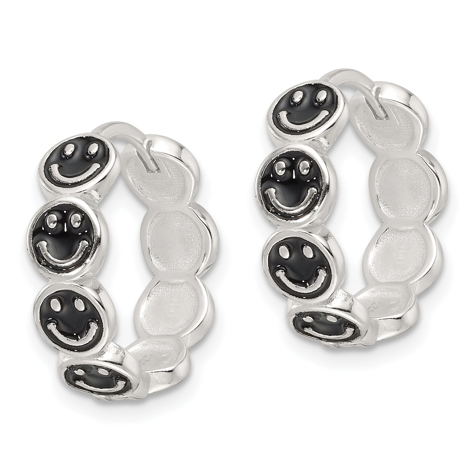 Sterling Silver E-Coat Black Enamel Smiley Face Hinged Hoop Earrings Secondary image