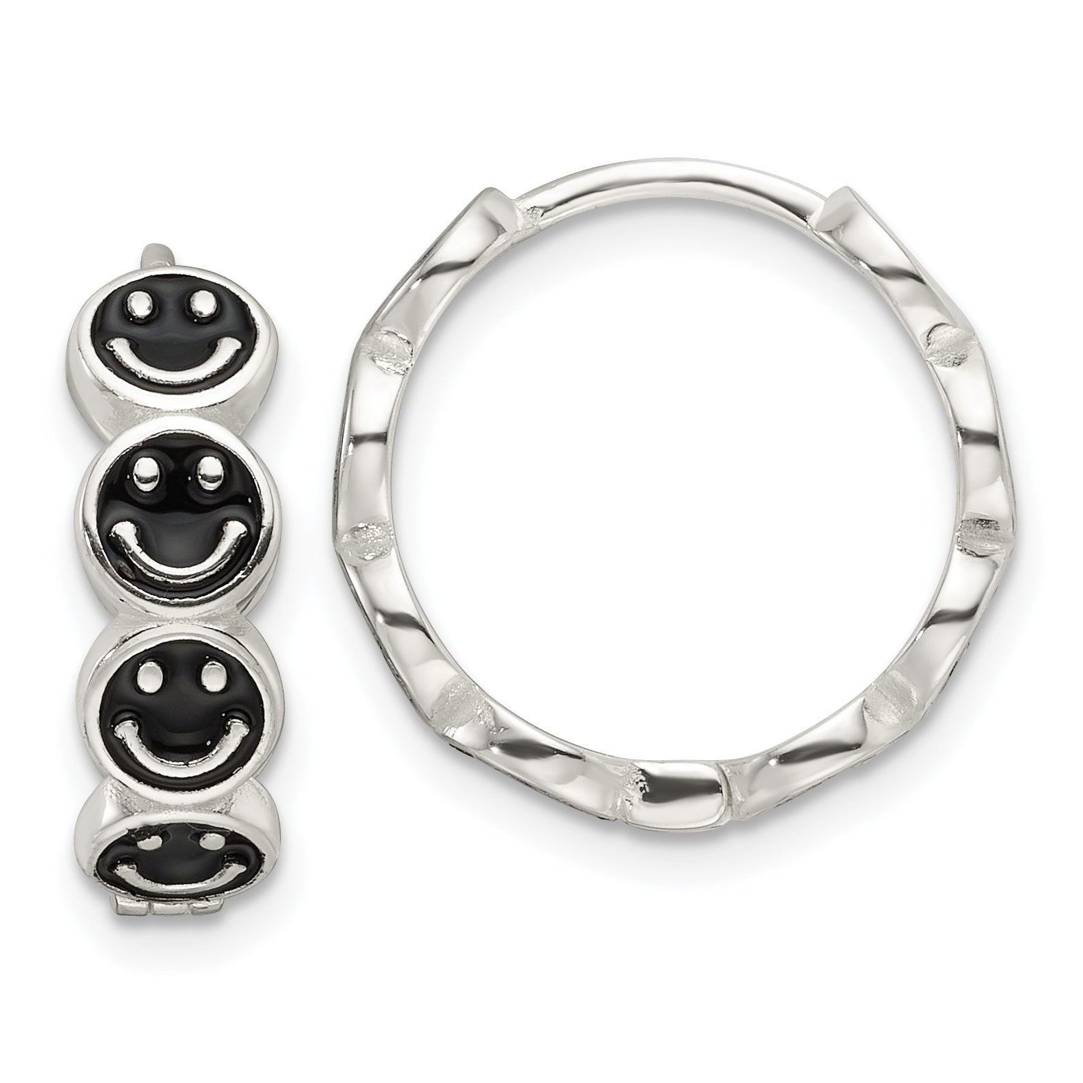 Sterling Silver E-Coat Black Enamel Smiley Face Hinged Hoop Earrings Main image