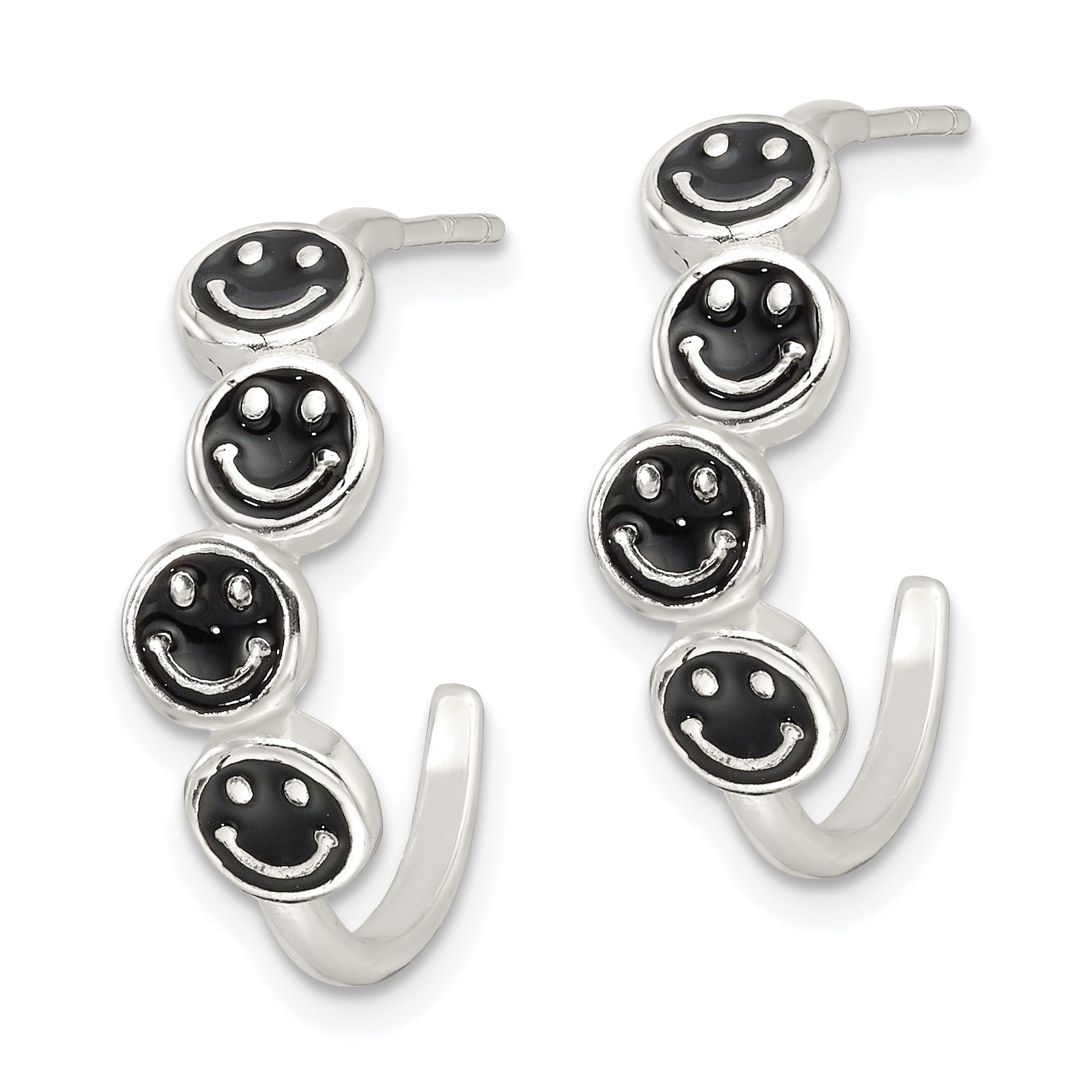 Sterling Silver E-Coating Black Enamel Smiley Face Post Hoop Earrings Secondary image
