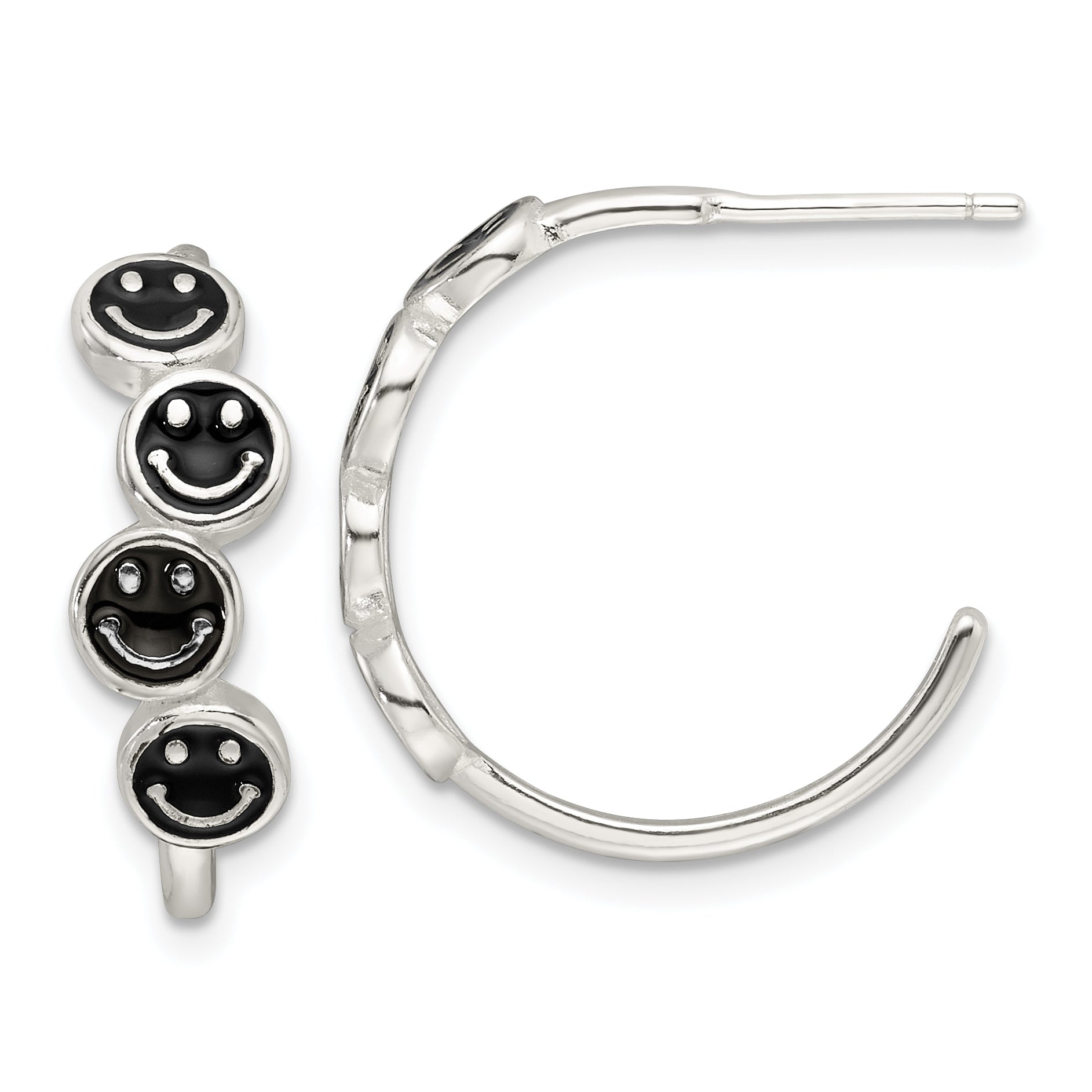 Sterling Silver E-Coating Black Enamel Smiley Face Post Hoop Earrings Main image