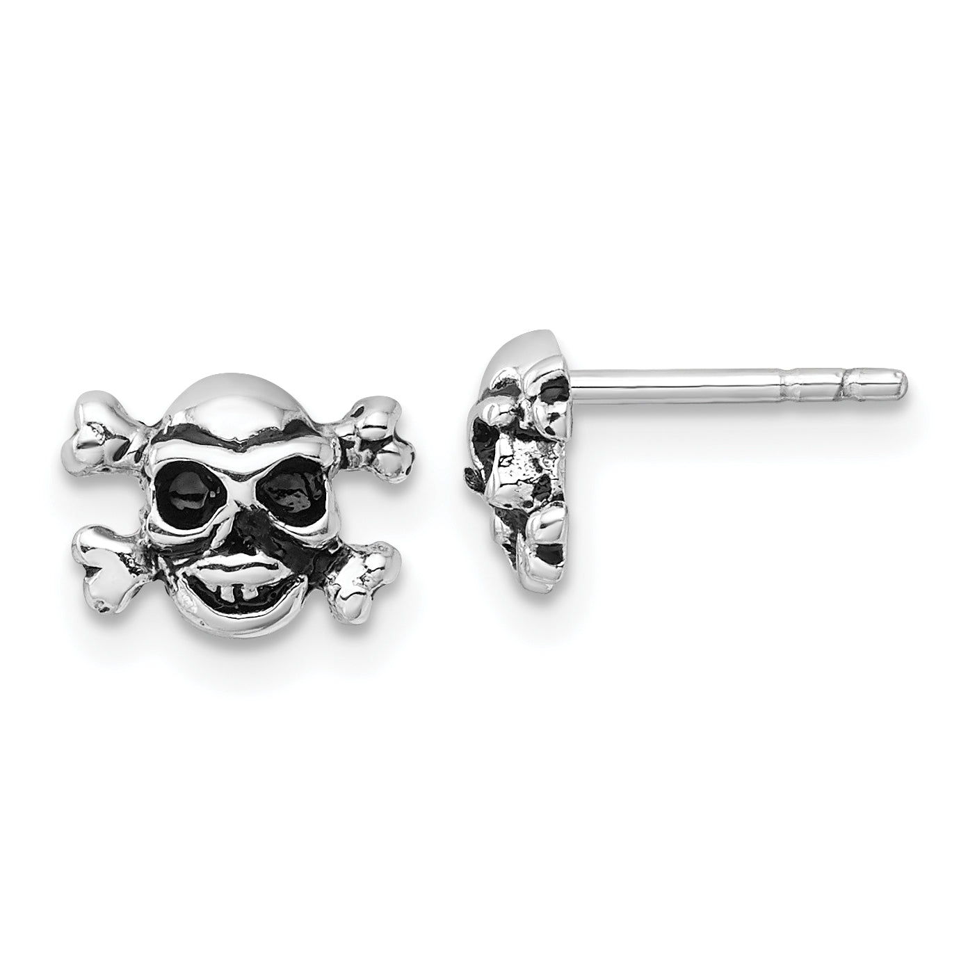 Sterling Silver Rhodium-plated Antiqued Skull and Crossbones Post Earrings Main image